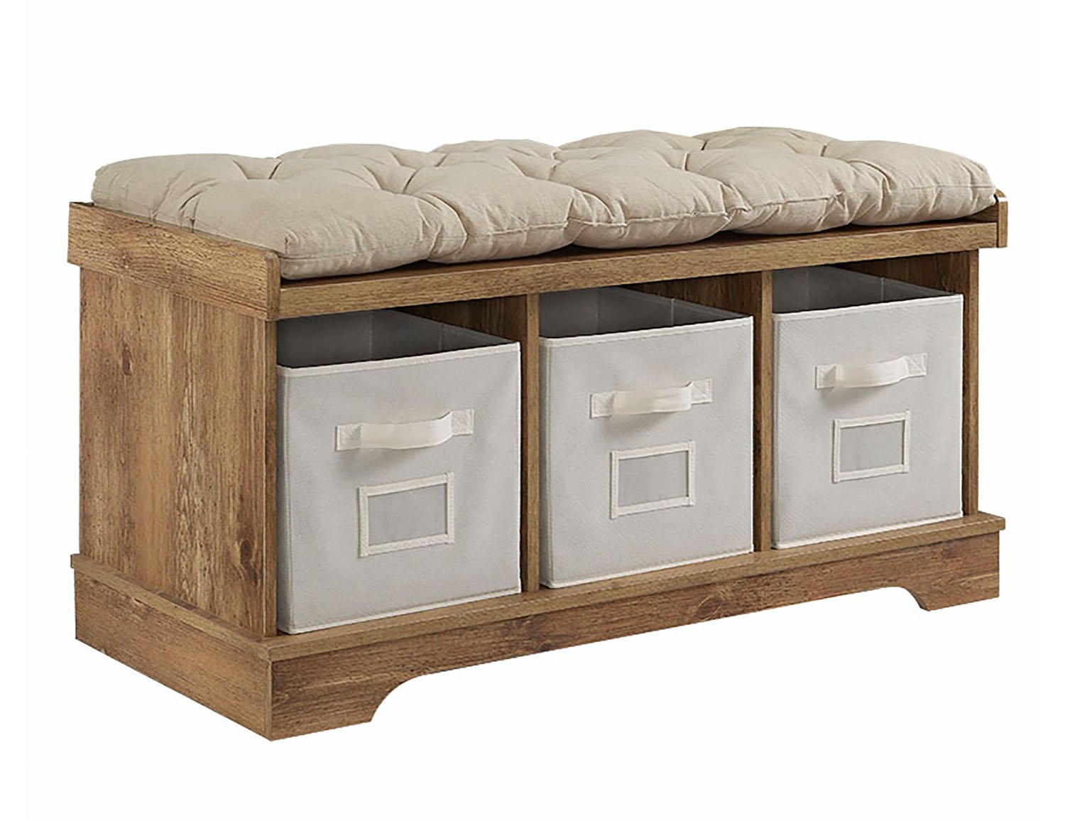 Walker Edison Modern Farmhouse Entryway Shoe Storage Bench with Upholstered Cushion - 42 Inch Hallway Organizer, Rustic Barnwood Finish - Perfect for Mudroom, Foyer & Entryway Organization