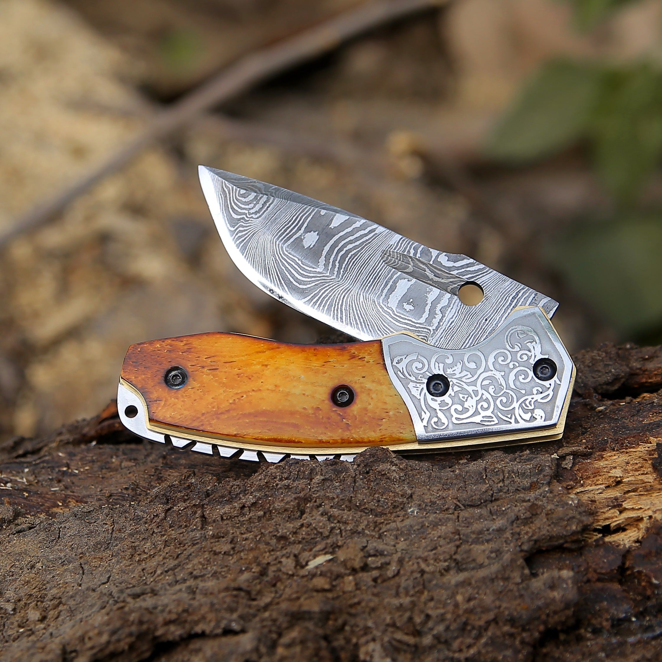 Premium Damascus Steel Pocket Knife with Charred Bone Handle - Tactical EDC, Outdoor Survival, Camping & Hunting Gear