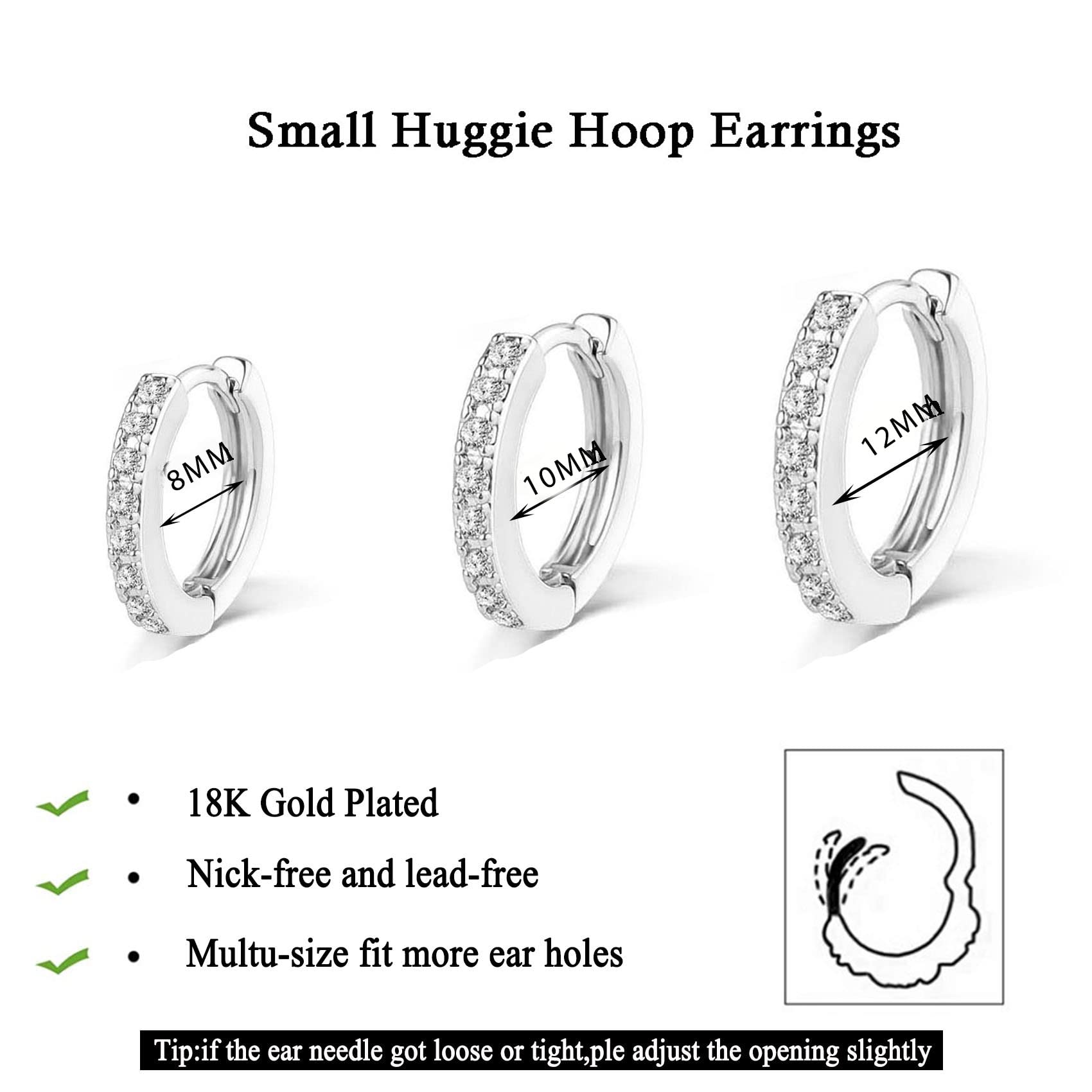 925 Sterling Silver Hoop Earrings for Women | Cubic Zirconia Studded Sleeper Cartilage Earrings in Yellow Gold/White Gold/Rose Gold/Gunmetal (8/10/12mm) | Perfect for Everyday Wear, Parties & Gifts