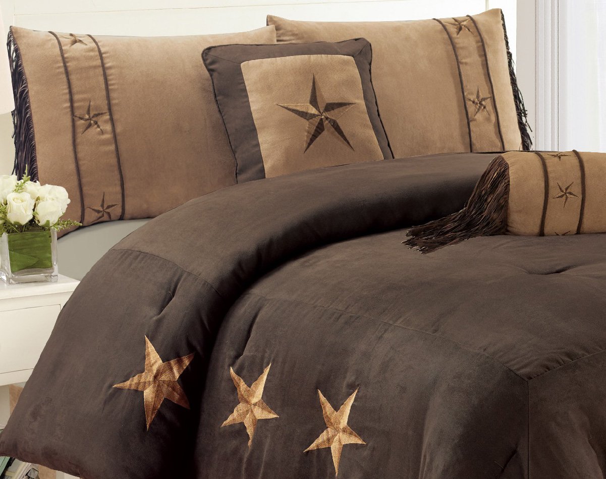 6 Piece Luxury Western Bedding Set - Oversized King Size Micro Suede Comforter with Dark Chocolate Brown Lone Star Design - Perfect for Ranch, Cabin & Southwestern Home Decor