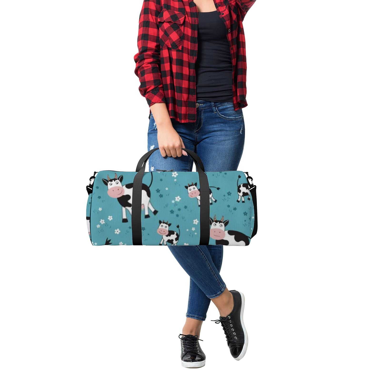 Stylish Black and White Cow Print Waterproof Gym Tote Bag with Shoulder Strap & Zipper Pockets - Durable Sports Bag for Men & Women - Perfect for Workout, Travel, Yoga & Daily Use
