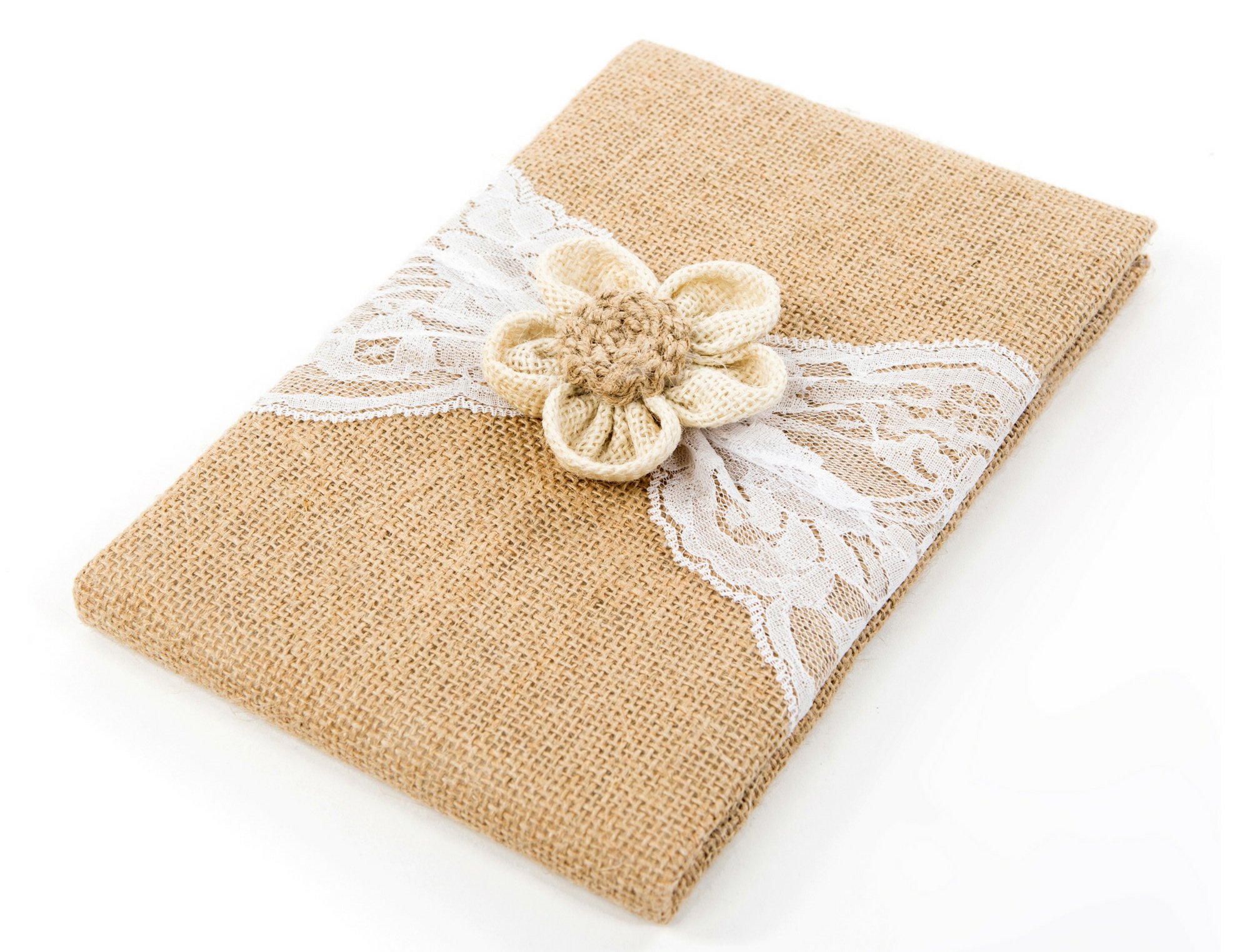 Rustic Wedding Guest Book with Burlap & Lace Cover - Includes Burlap Pen Holder & Silver Pen - 120 Lined Pages for Guest Messages - Elegant Gift Box (Petal Flower Design) - Perfect for Weddings, Anniversaries & Special Events