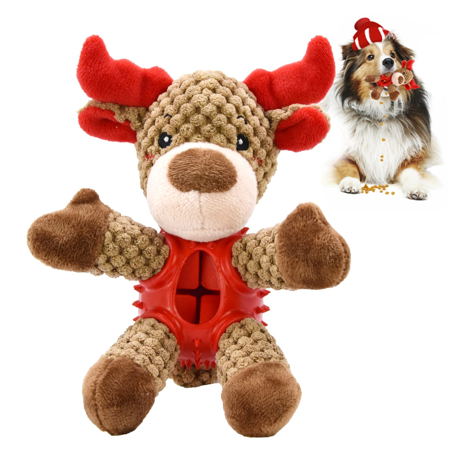 Durable Squeaky Dog Chew Toys for Large & Small Dogs - Indestructible Rubber Puppy Molar Teeth Toy with Food Dispenser, Interactive Play & Teeth Cleaning - Perfect for Aggressive Chewers, Training & Playtime (Elk Design)