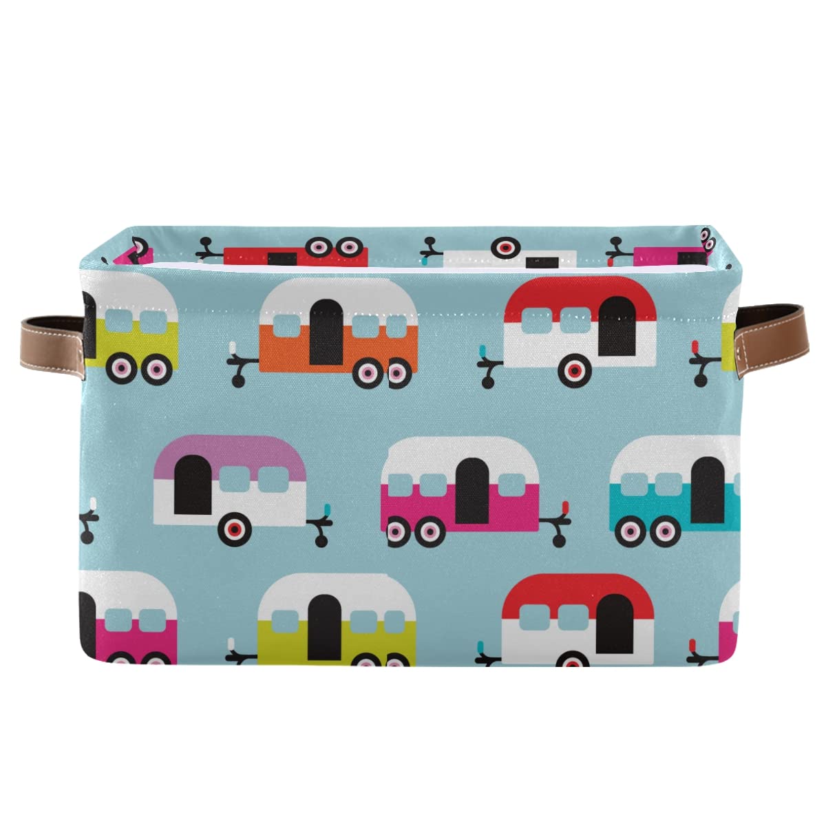 Happy Camper Caravan Square Storage Basket - 2 Pack Canvas Storage Organizer for Closet, Shelf, Home & Office - Perfect for Organizing Toys, Books, and Office Supplies