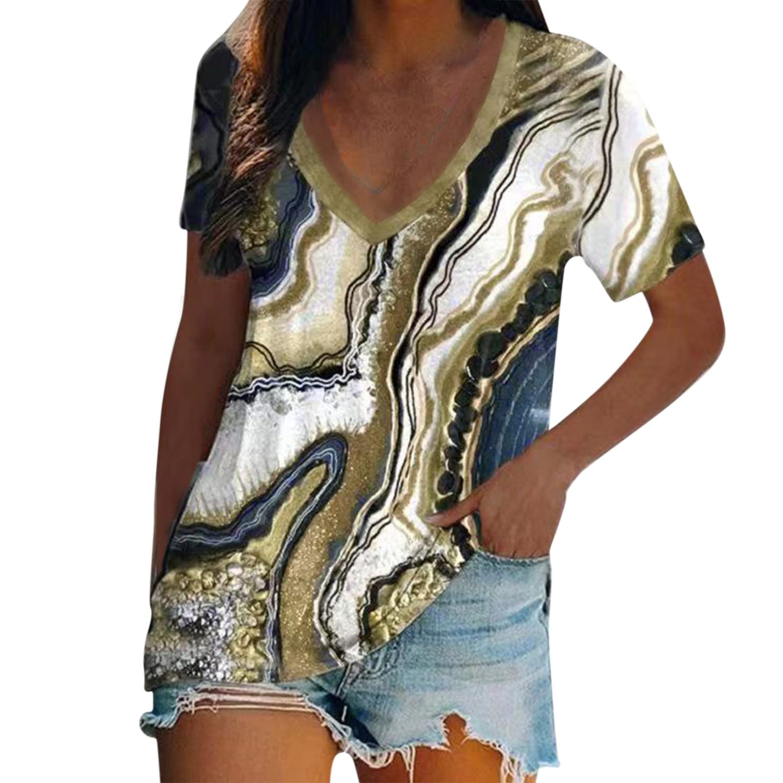 Women's Summer Short Sleeve V-Neck Tie-Dye Printed Cotton T-Shirt - Casual Boho Chic Top for Beach, Music Festivals & Everyday Wear