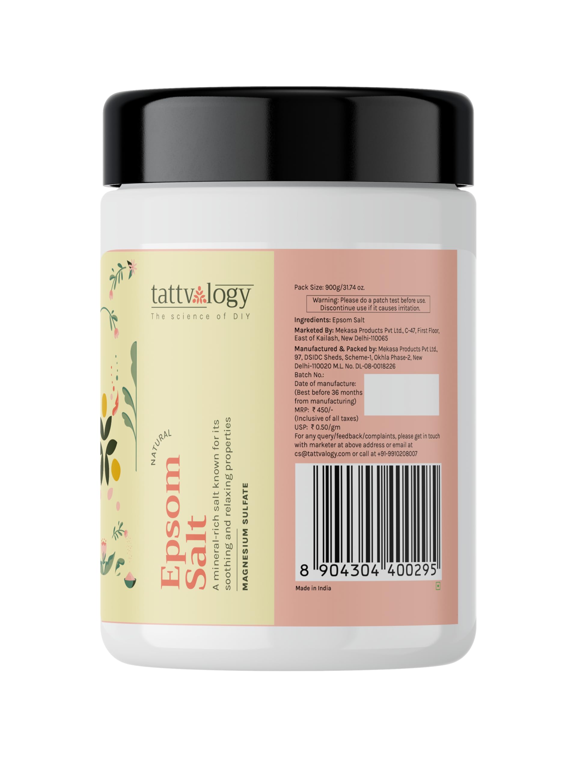 Tattvalogy Pharma Grade Epsom Salt (Magnesium Sulfate) - 900g in Plastic Jar | Muscle Pain Relief, Foot Soak, Gardening Supplement | Perfect for Relaxing Baths, Plant Care & Skin Cleansing