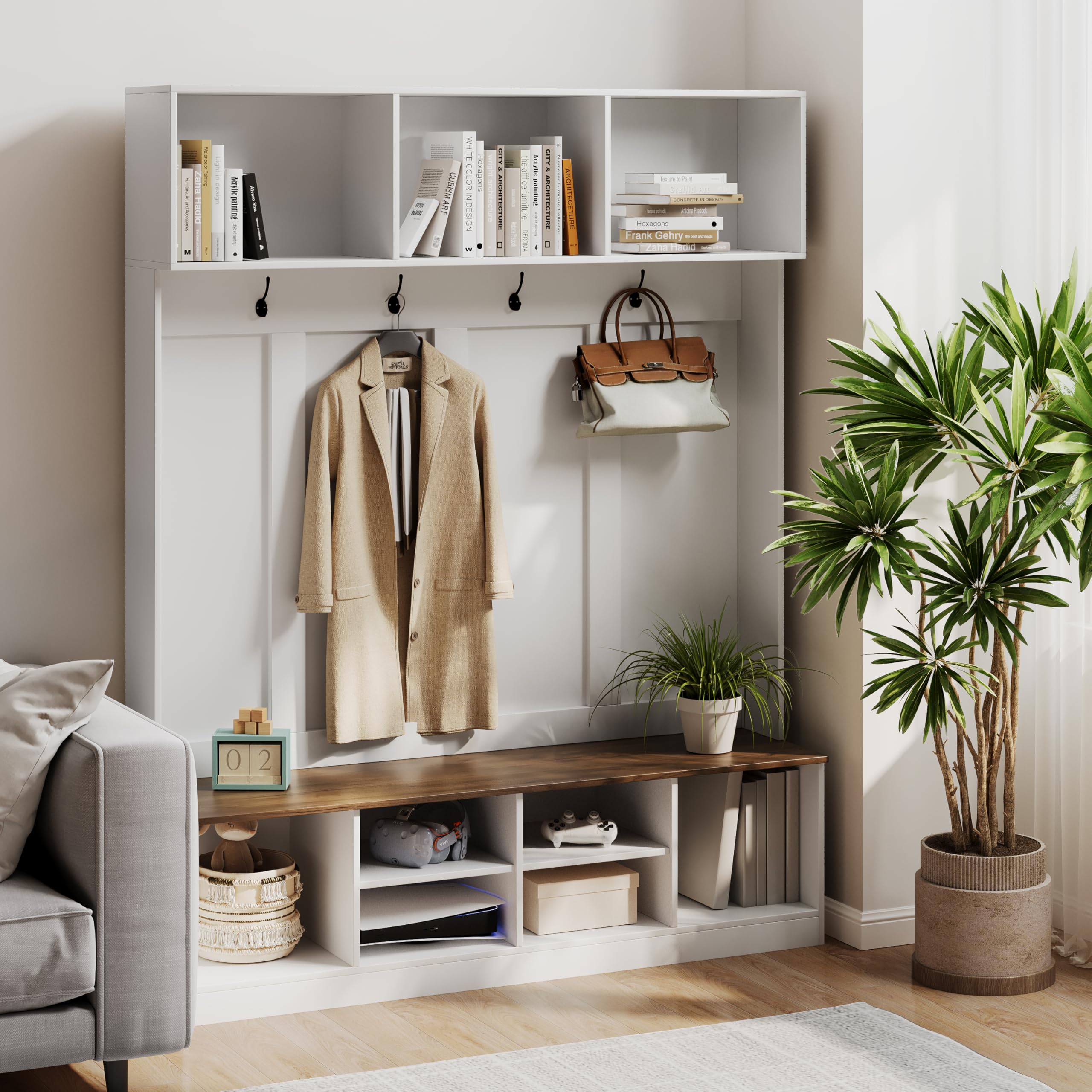 HAOBO Entryway Hall Tree with Bench & Shoe Storage - Adjustable Coat Rack, Open Shelves & Hanging Hooks - Perfect for Mudroom, Hallway & Home Organization - Space-Saving Entry Cabinet for Coats, Shoes & Accessories