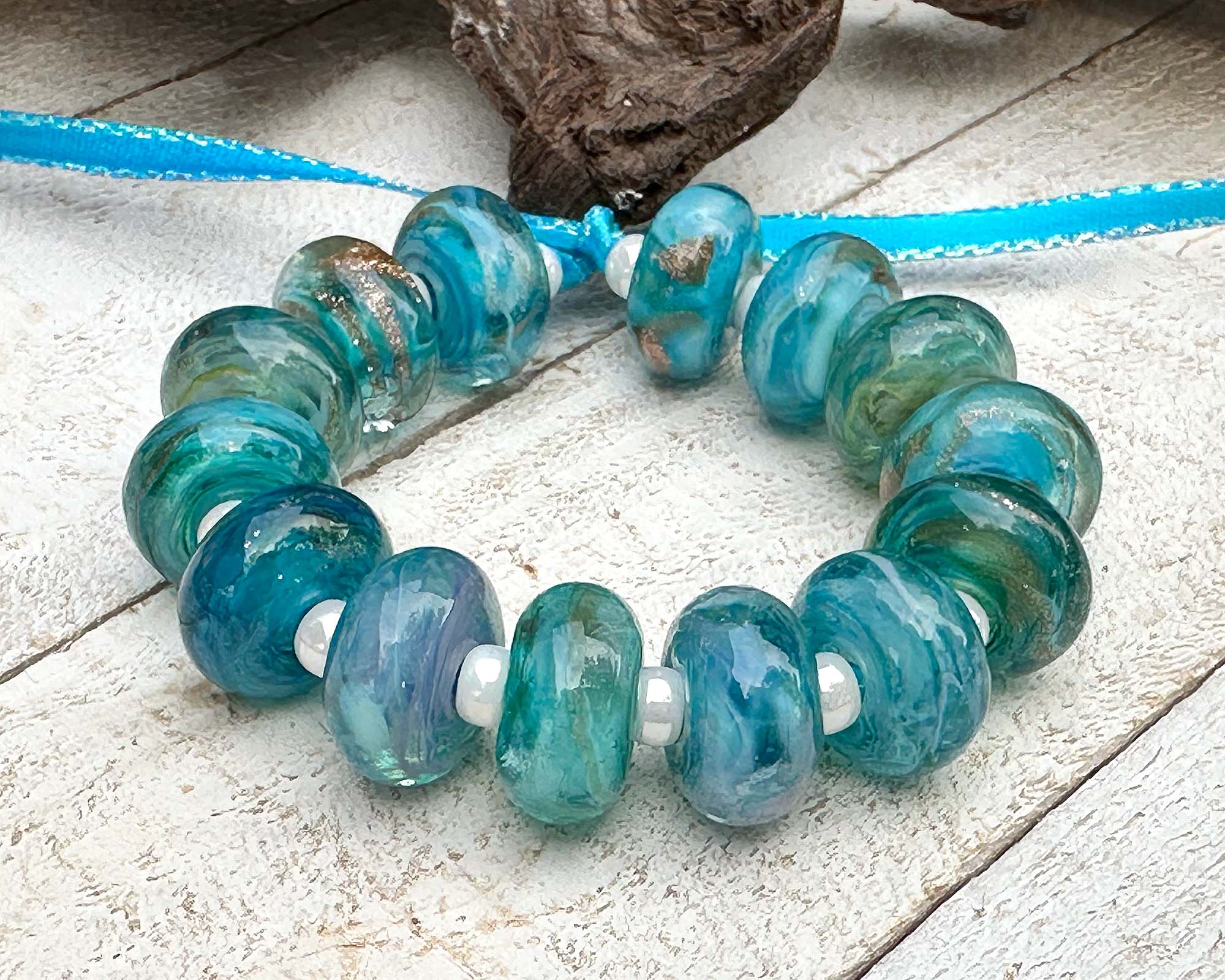 14pcs Aqua Sea Glass Lampwork Beads Set - Handmade Glass Beads for Jewelry Making, DIY Crafts, Bracelets & Necklaces - Perfect for Beach Wedding Decor, Boho Style Accessories and Gift Giving
