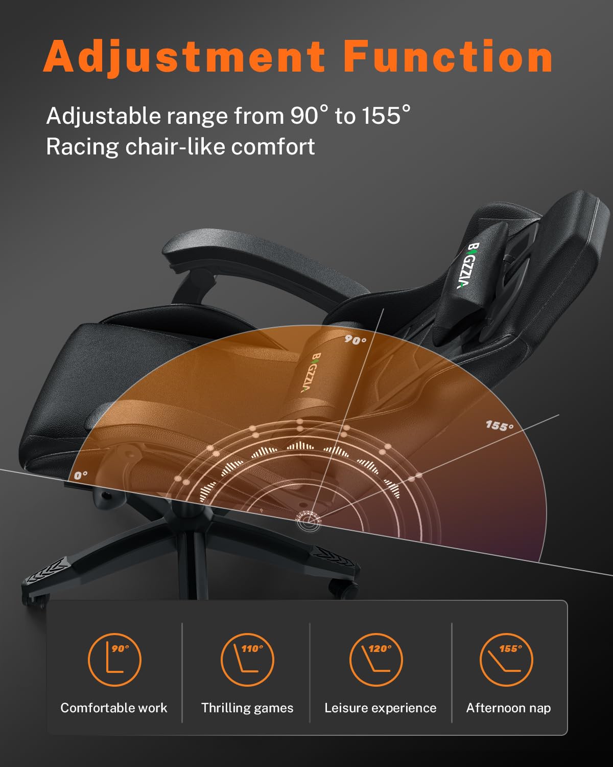 Bigzzia Ergonomic Gaming Chair with Footrest - Adjustable Height, Reclining Racing Style Office Chair with Headrest & Lumbar Support, 360° Swivel - Perfect for PC Gaming, Home Office & Esports (Black)