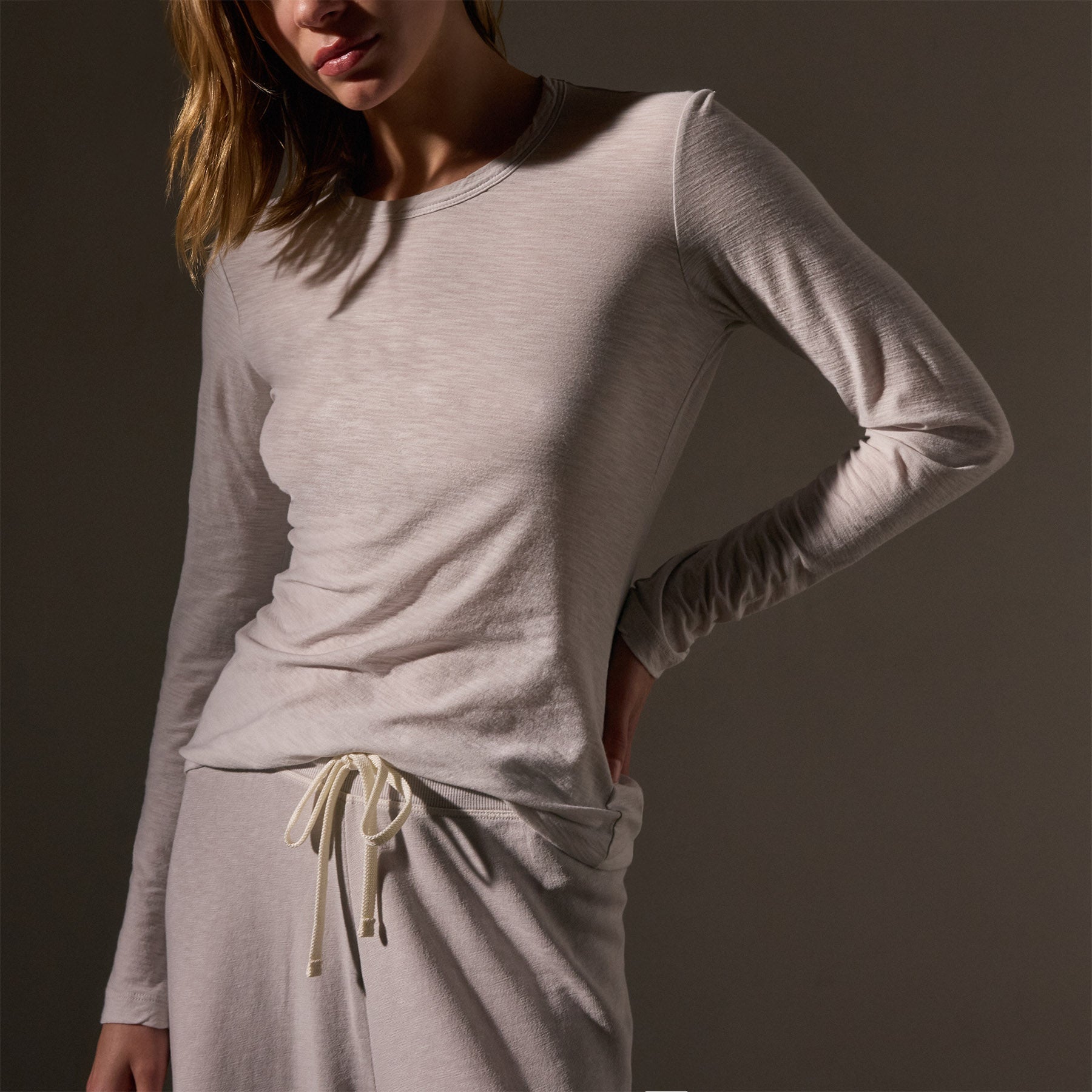 Sheer Slub Long Sleeve Crew Neck T-Shirt for Women - Light Mist Color | Casual Everyday Wear, Layering Essential & Office Outfit