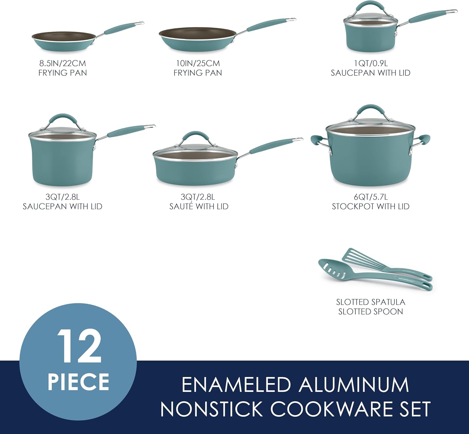 Rachael Ray Cucina Nonstick Cookware Set - 12-Piece Pots and Pans in Agave Blue | Durable Kitchen Essentials for Baking, Frying & Everyday Cooking