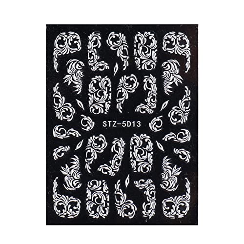 5D White Retro Floral Nail Stickers for Women - Embossed Nail Art Sliders with Engraved Flower Designs for Manicure & Nail Decoration | Perfect for DIY Nail Art, Salon Use & Special Occasions