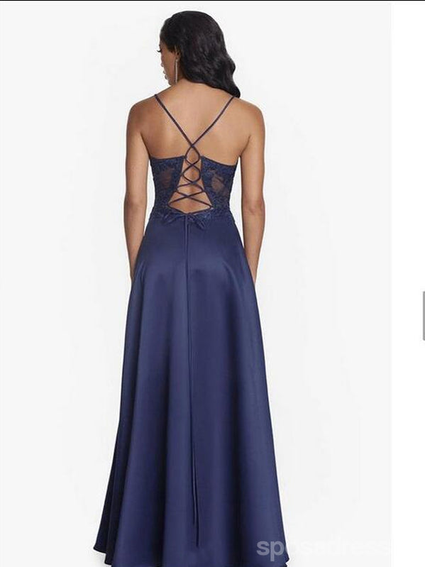 Elegant Navy Blue A-Line Spaghetti Strap High Slit Maxi Long Prom Dress for Women - Perfect for Evening Gowns, Formal Events & Special Occasions