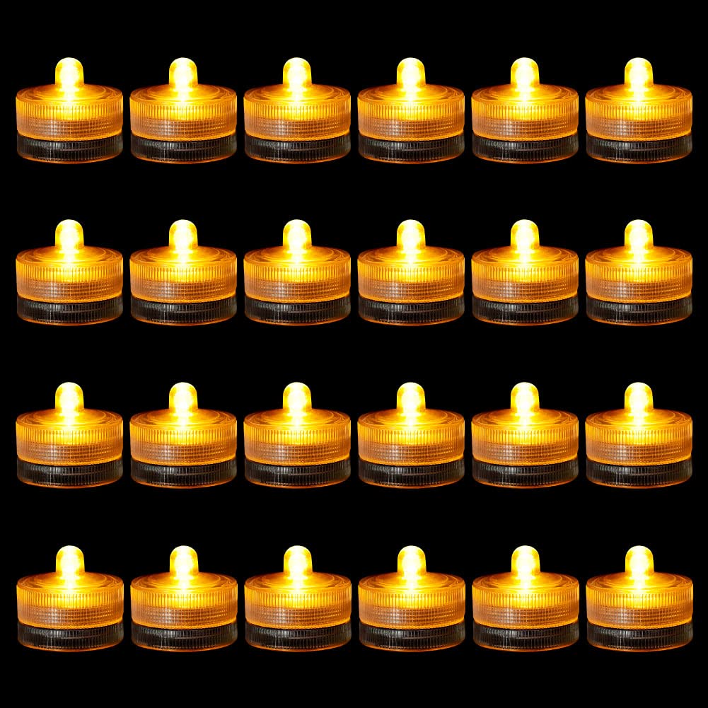 Idyl Light Submersible LED Lights - Waterproof Tea Lights, Underwater Mini Pool Lights, Battery Operated Tealights for Home Decor (24 Pack, Yellow) - Perfect for Weddings, Pools, Centerpieces & Romantic Ambiance
