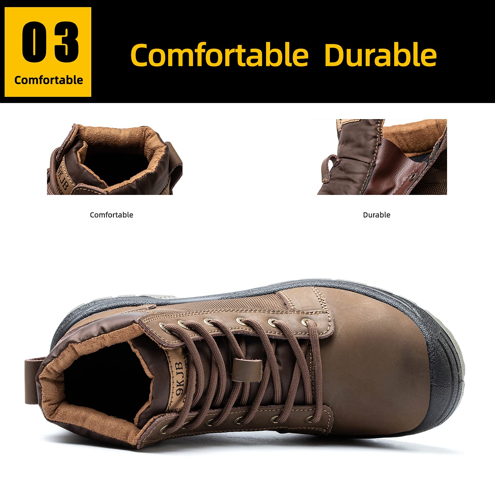 NBUUNBU Men's Steel Toe Work Boots - Slip & Abrasion Resistant Safety Shoes, Leather Insulated Construction Boots with Breathable Design for Heavy Duty Work - Perfect for Construction, Warehouse & Industrial Jobs