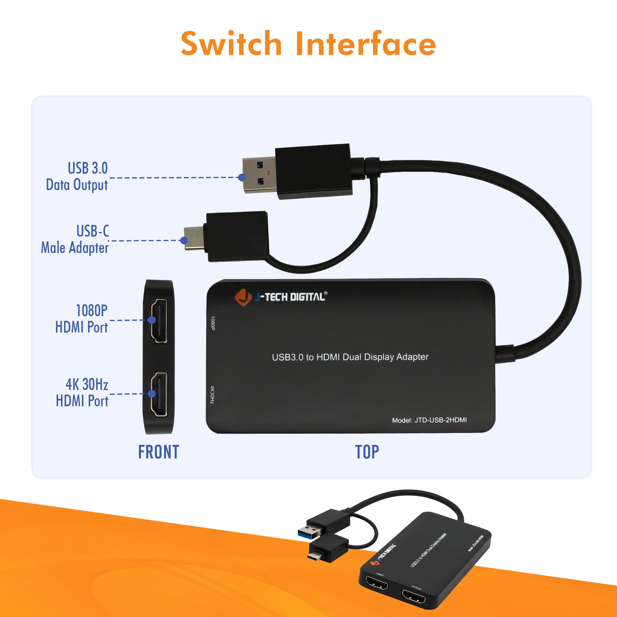 J-Tech Digital USB C to HDMI Adapter 4K 30Hz & 1080P 60Hz - Dual Monitor Adapter for USB-A/USB-C - USB Powered with Mirror/Extend/Rotation/Clamshell Modes - Ideal for Home Office, Gaming & Presentations [JTD-USB-2HDMI]