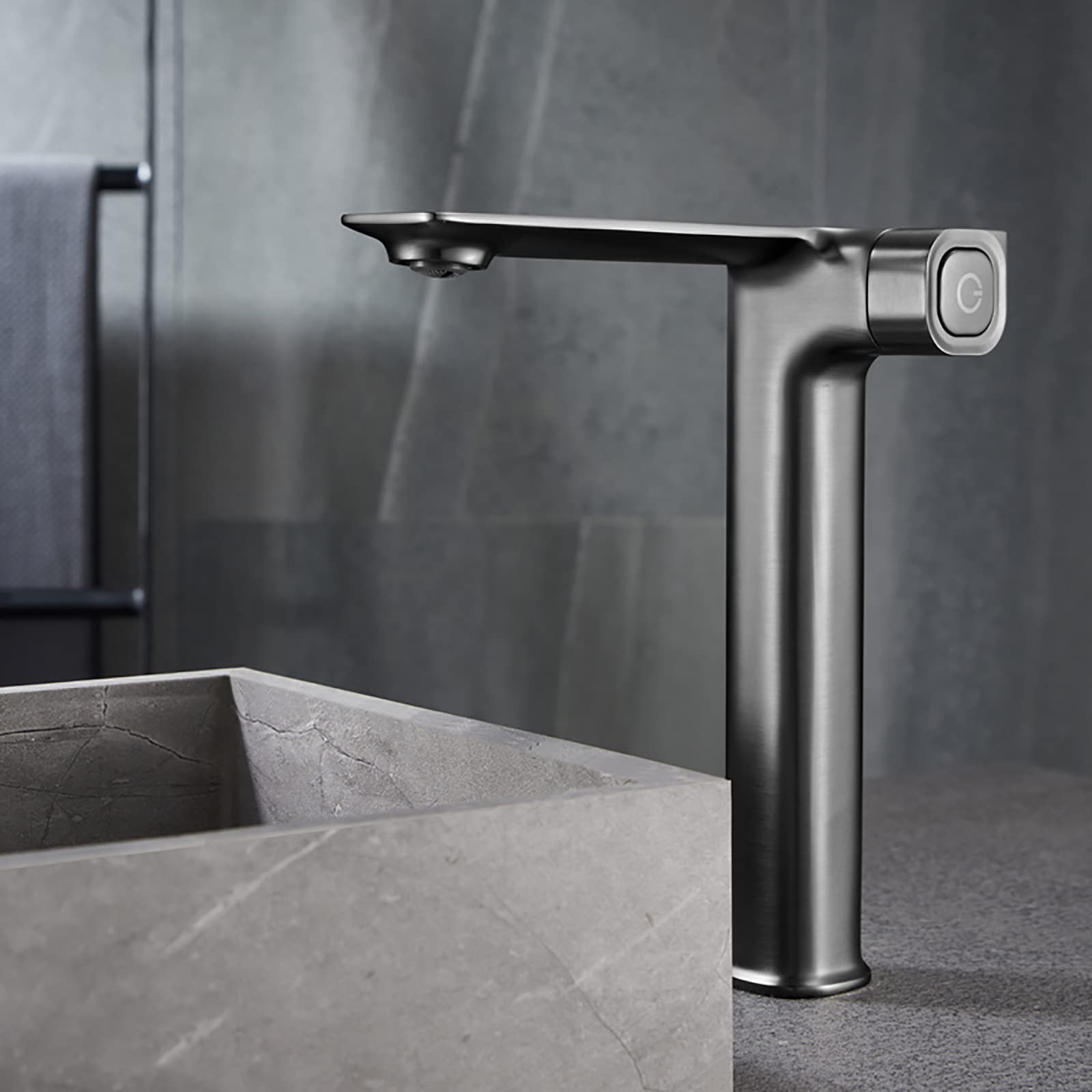 Brass Single Handle Bathroom Sink Faucet with Push Button Switch - Deck Mounted Single Hole Basin Mixer Tap in Gray for Vanity & Bathroom Upgrade | Perfect for Modern Home Renovation & Water Conservation
