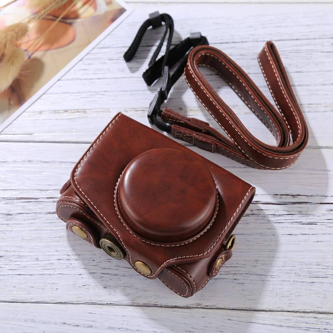 **PU Leather Camera Case Bag with Strap for Canon PowerShot G7 X Mark II - Black & Coffee - Durable Protection for Travel & Outdoor Photography**