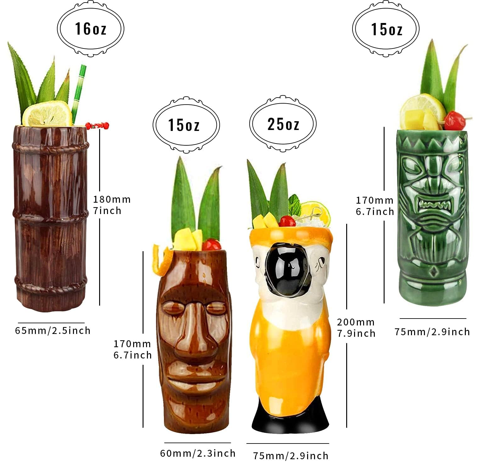 Tiki Mugs Cocktail Set of 4 - Large Ceramic Hawaiian Party Mugs for Tropical Drinks, Exotic Cocktail Glasses for Tiki Bar & Home Decor, Professional Barware for Luau Parties & Summer Entertaining (TKSET0001)
