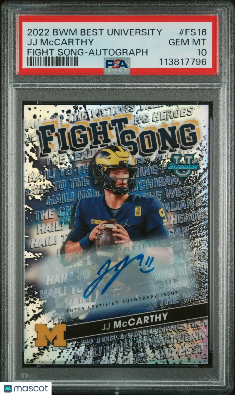 2022 Bowman's Best University Fight Song JJ McCarthy Auto Autograph PSA 10 /99 - Rare College Football Collectible for Fans & Memorabilia Enthusiasts - Perfect for Display, Investment, and Game Day Decor