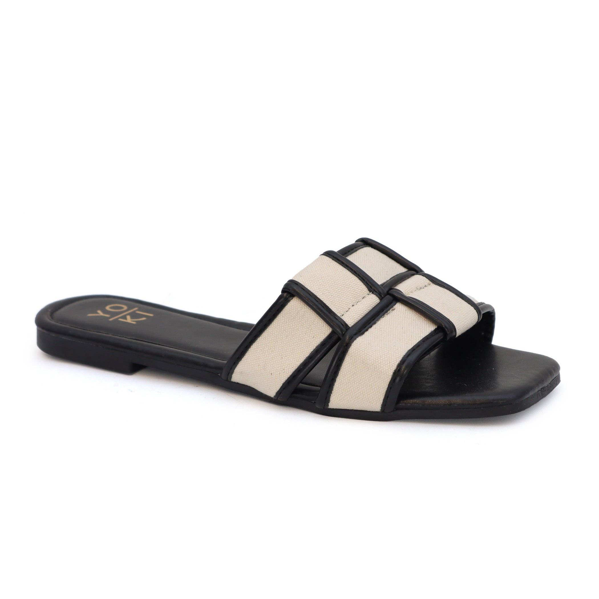Essie Black Woven Canvas Slides - Comfortable Summer Sandals for Women, Beach, Pool, and Casual Wear