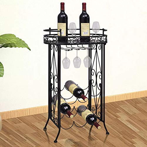 Floor Standing Wine Rack for 9 Bottles - Sturdy Wooden Wine Storage Shelf with Glass Cup Hooks - Perfect for Home Bar, Kitchen Decor & Wine Cellar Organization