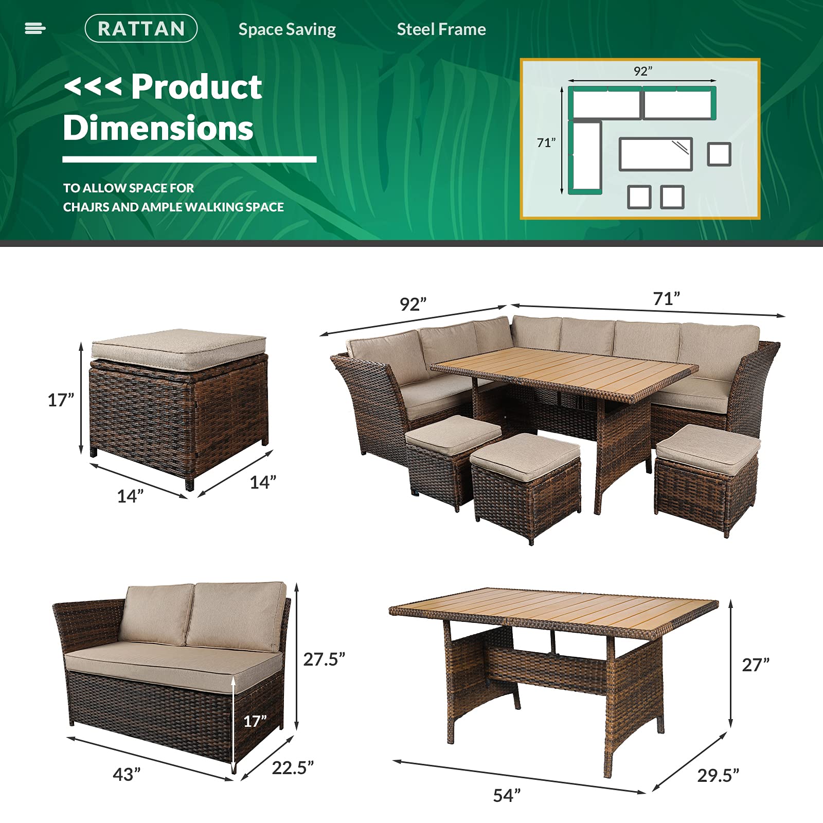 VIVIJASON 7-Piece All-Weather Wicker Patio Furniture Set - Outdoor Sectional Sofa with Ottoman, Garden Dining Table & Chairs, Brown Rattan Conversation Set for Backyard, Poolside & Terrace Relaxation
