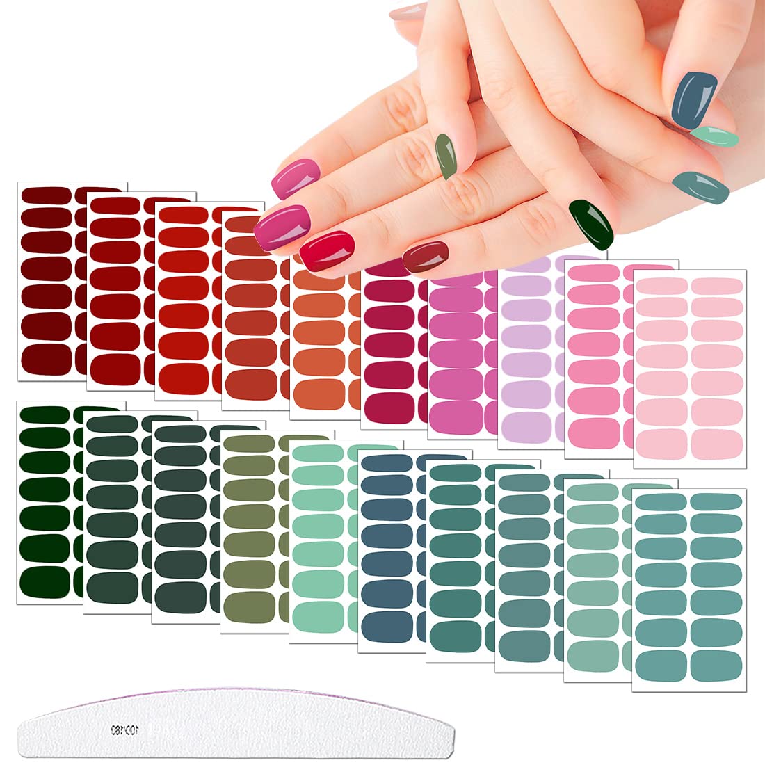 20 Sheets Solid Color Nail Polish Strips - Self-Adhesive Nail Wraps for Women with Nail File, Red Green Color Gel Nail Stickers for DIY Manicure at Home or Salon