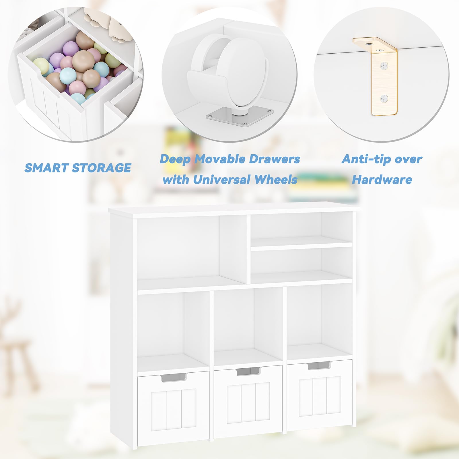 3-Tier Kids Toy Storage Organizer with Movable Drawers & Hidden Wheels - Multifunctional Bookshelf Cabinet for Nursery, Playroom, Bedroom - Perfect for Organizing Toys, Books & Kids Essentials (White)