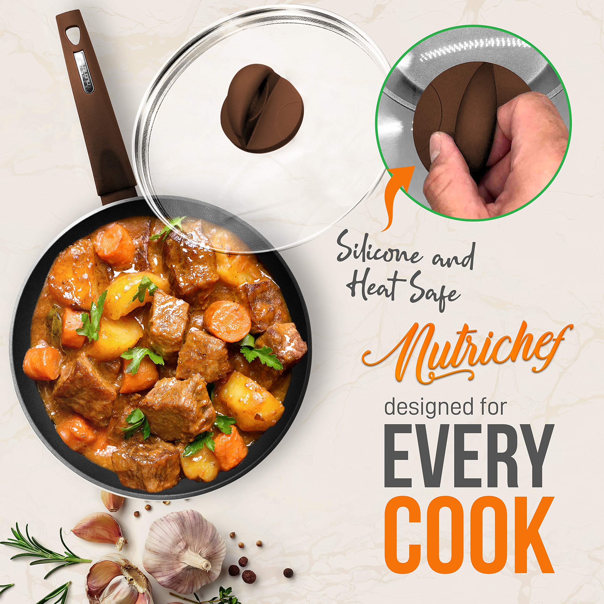 NutriChef 12-Piece Nonstick Cookware Set - PFOA/PFOS-Free Kitchen Pots & Pans with Lids | Heat Resistant Dutch Oven, Saucepan & Cooking Utensils | Perfect for Boiling, Frying & Slow Cooking | Dishwasher Safe Brown Kitchenware Set