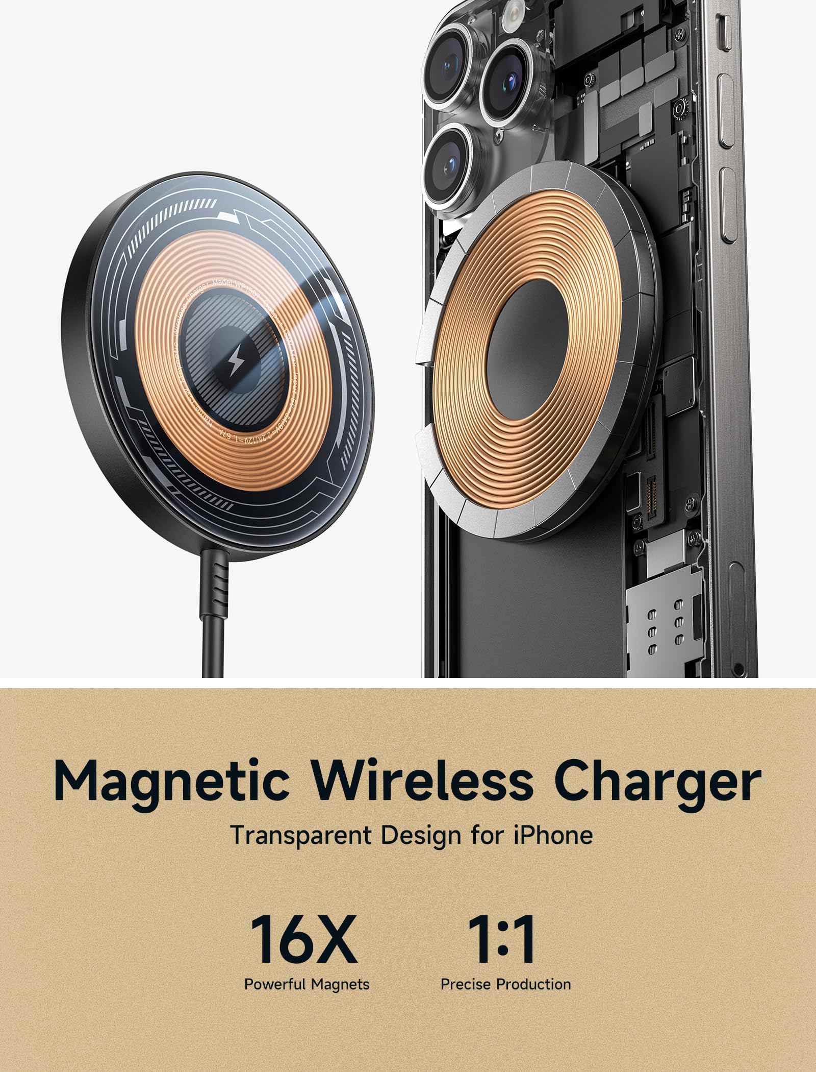 JSAUX Magnetic Wireless Charger for iPhone 15/14/13/12 Series - Fast Qi-Certified Charging Pad with Strong Magnets, Compatible with MagSafe Cases (Clear-Black) | Perfect for Home, Office & Car Use