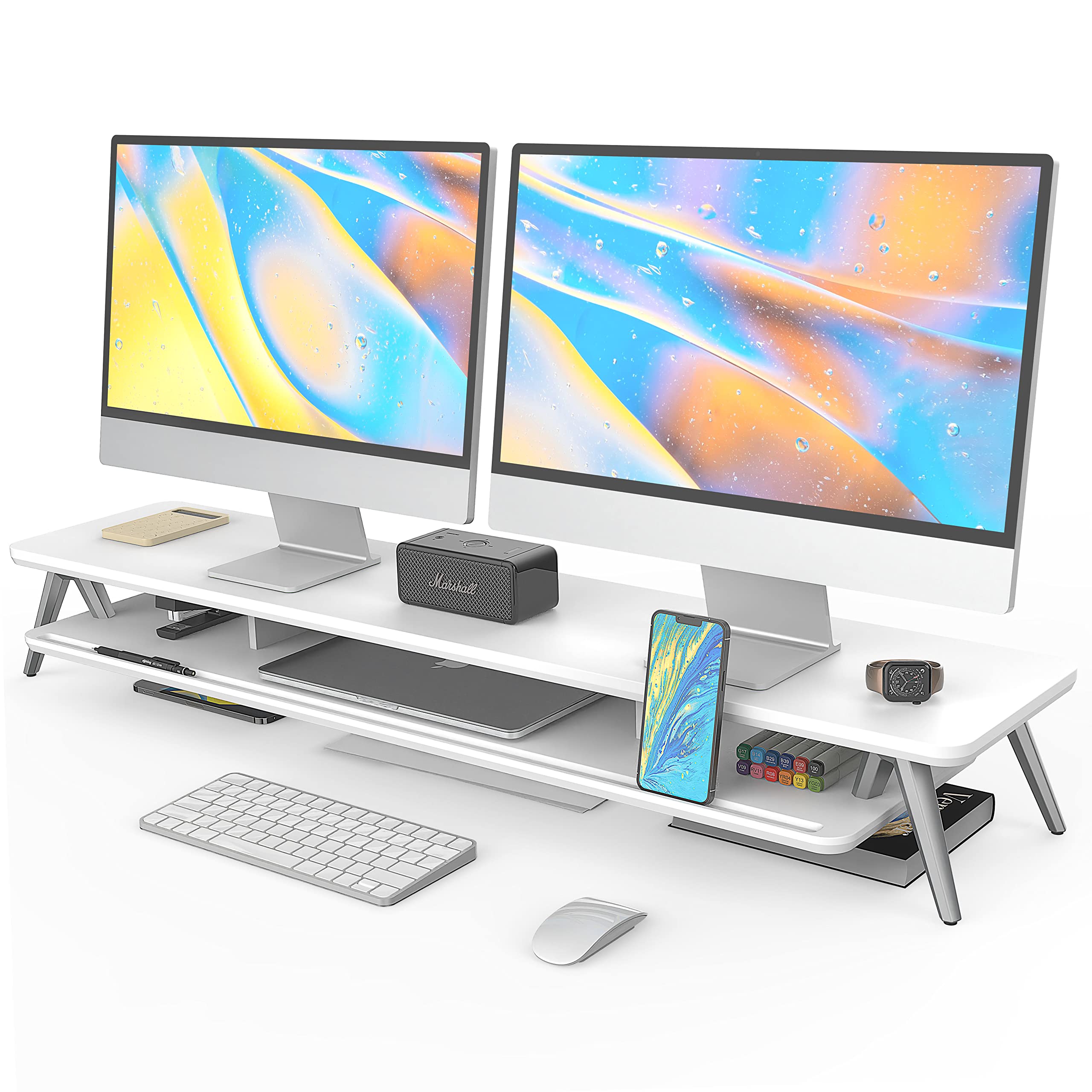 Dual Monitor Stand for 2 Screens - 42.5 Inch Wooden Desk Shelf with Storage Organizer & Cable Management | Perfect for Home Office Setup, Gaming Station & Workspace Accessories