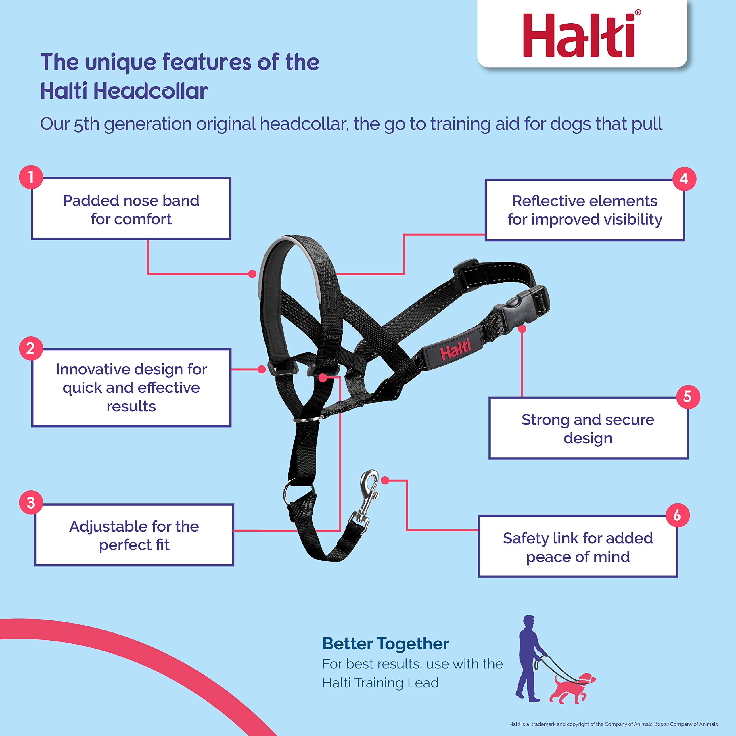 HALTI Headcollar Size 4 & Training Leash Large - Adjustable No-Pull Dog Collar Set for Large Dogs | Black Padded Nose Band | Lightweight Control Solution | Perfect for Walking, Training & Behavior Correction