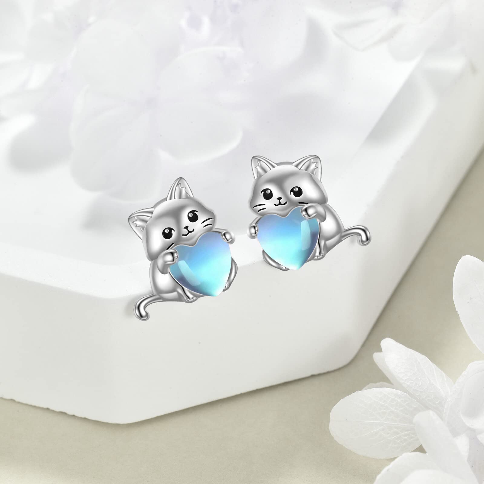 YFN Sterling Silver Cat Moonstone Stud Earrings for Women & Girls | Elegant Animal Jewelry for Everyday Wear & Special Occasions