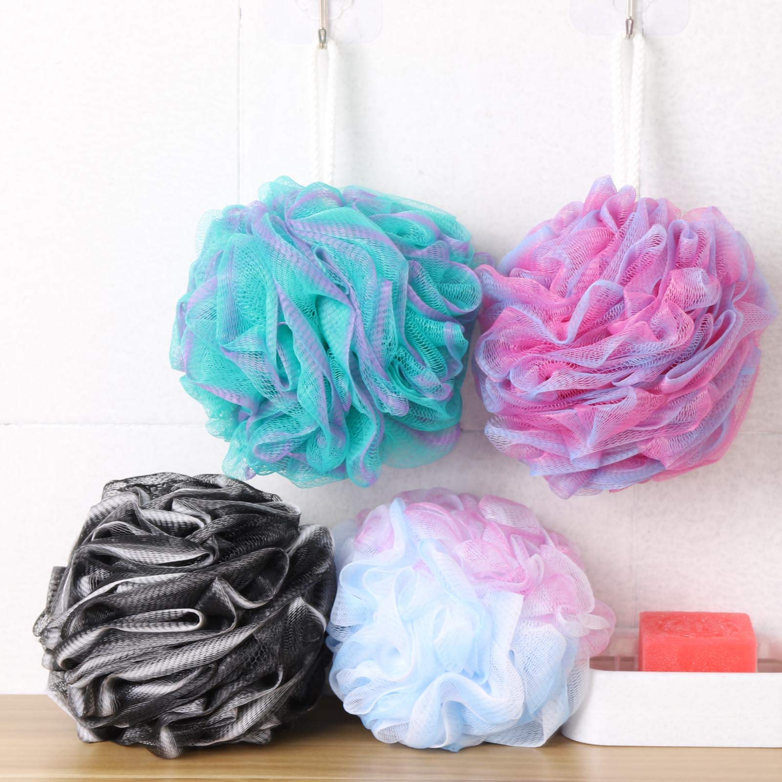 BTYMS 4-Pack Large Exfoliating Loofah Bath Sponges (75g Each) - Soft Shower Puffs for Body Wash & Skin Exfoliation | Perfect for Daily Shower, Spa Day & Gift Sets