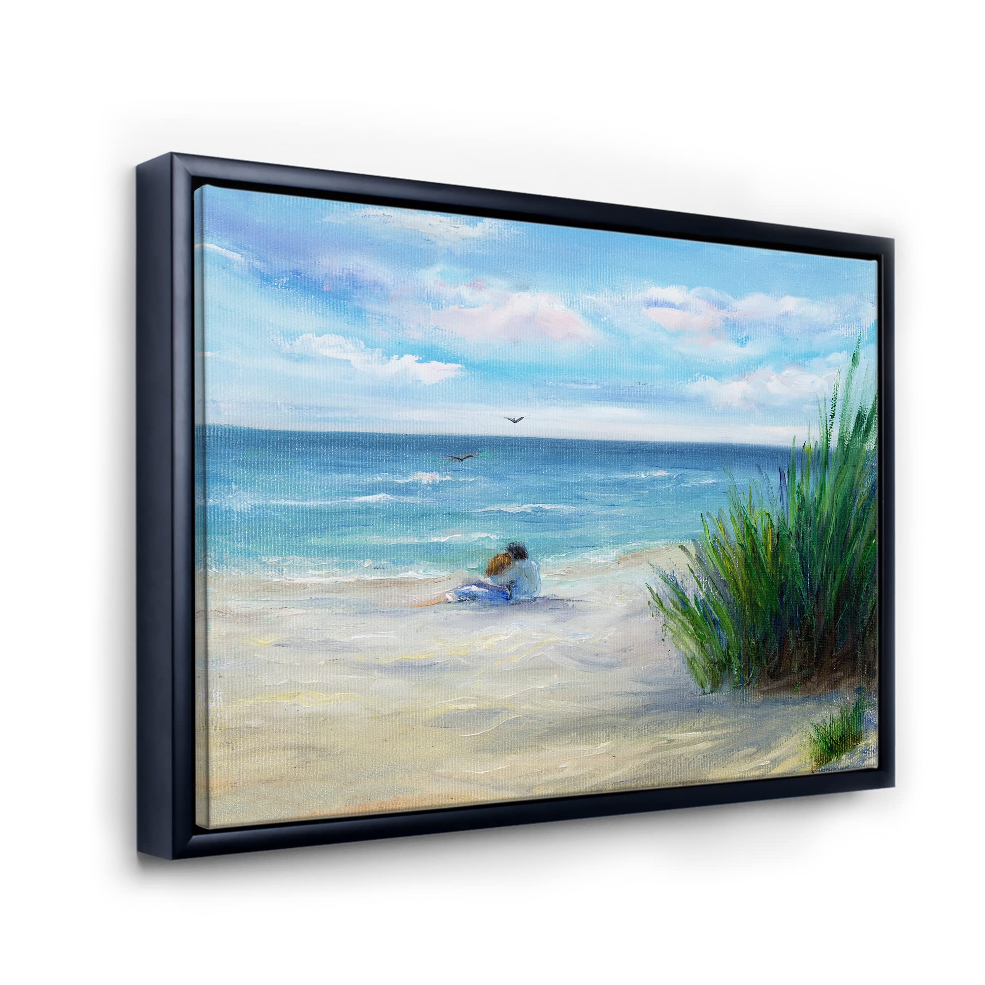 DesignQ Romantic Beach Couple - Nautical Coastal Framed Canvas Wall Art Print for Living Room, Bedroom & Beach House Decor