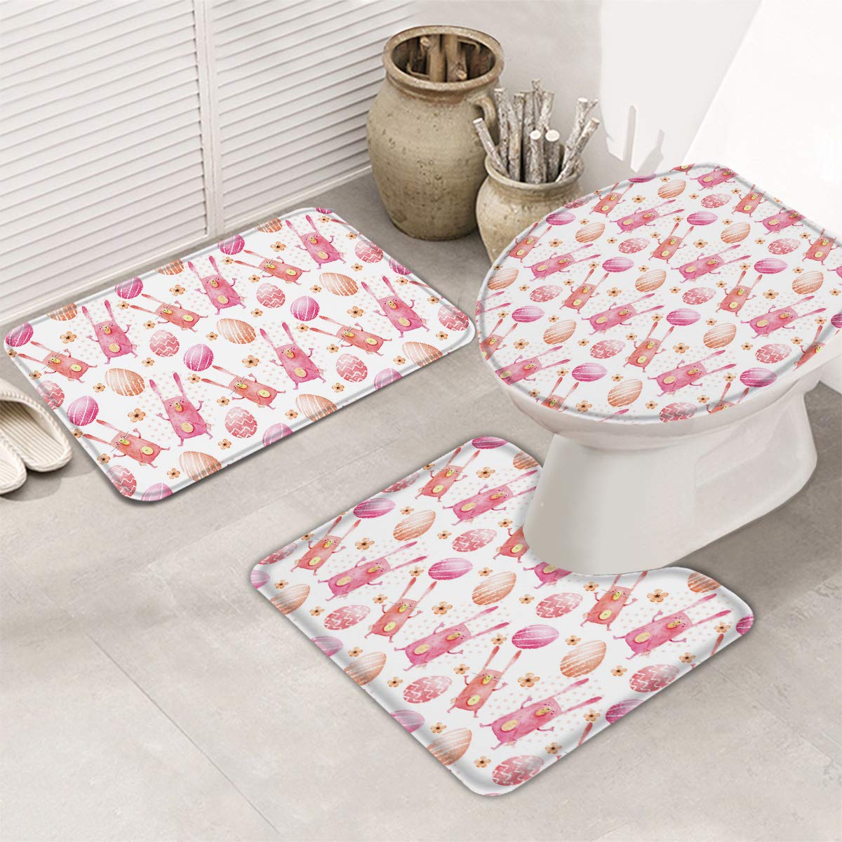 Non-Slip Bathroom Rug Set of 3 - Easter Egg & Bunny Themed Absorbent Mats with U-Shaped Toilet Mat & Lid Cover - Washable 3-Piece Bath Mat Set for Home Decor, Kids' Bathroom & Holiday Gift