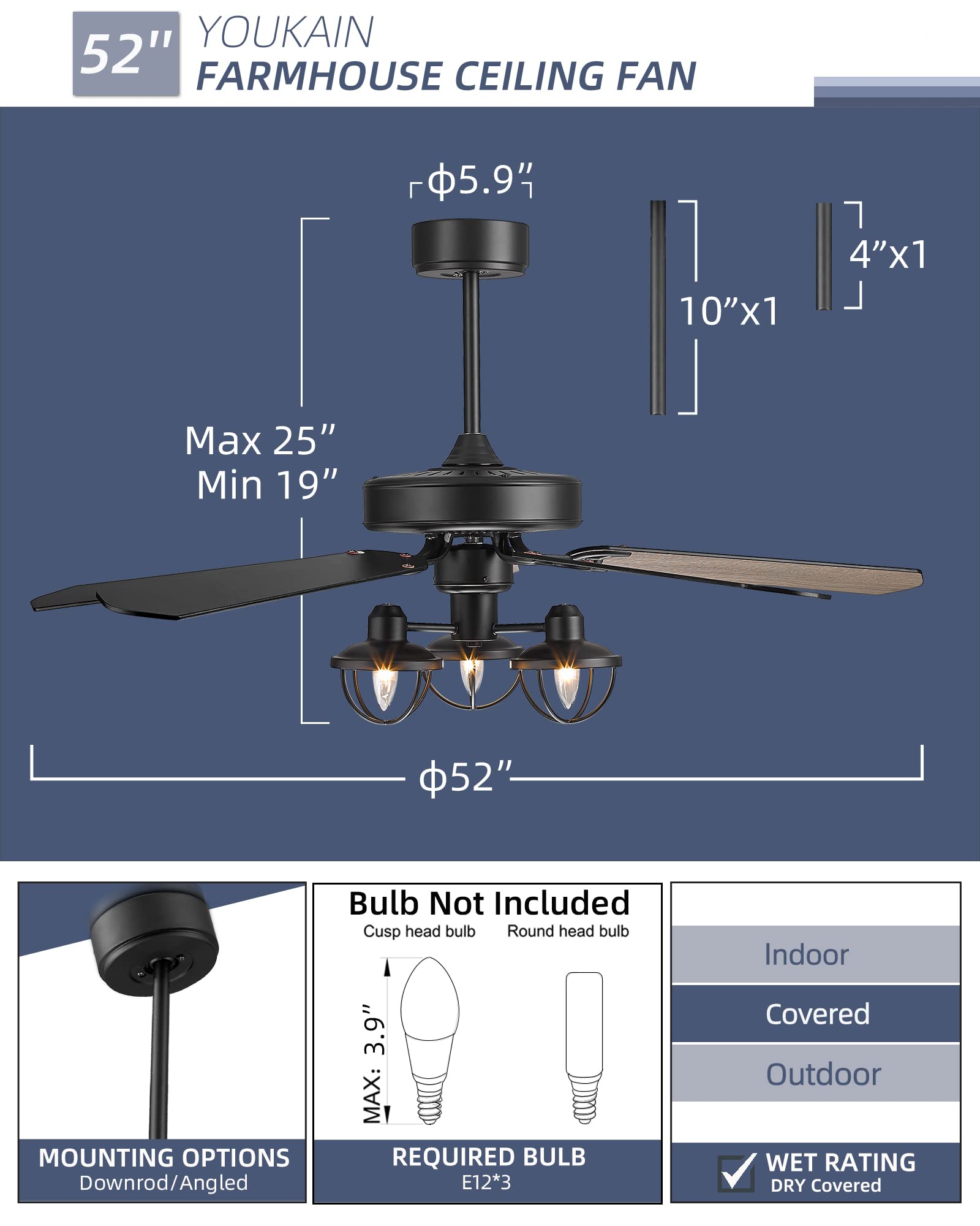 52 Inch Farmhouse Wooden Ceiling Fan with Lights - Industrial Style Remote Control Ceiling Fan, 5 Reversible Blades Indoor/Outdoor Use, Matte Black/Barnwood Finish - Perfect for Living Room, Bedroom, Patio, and Covered Porch