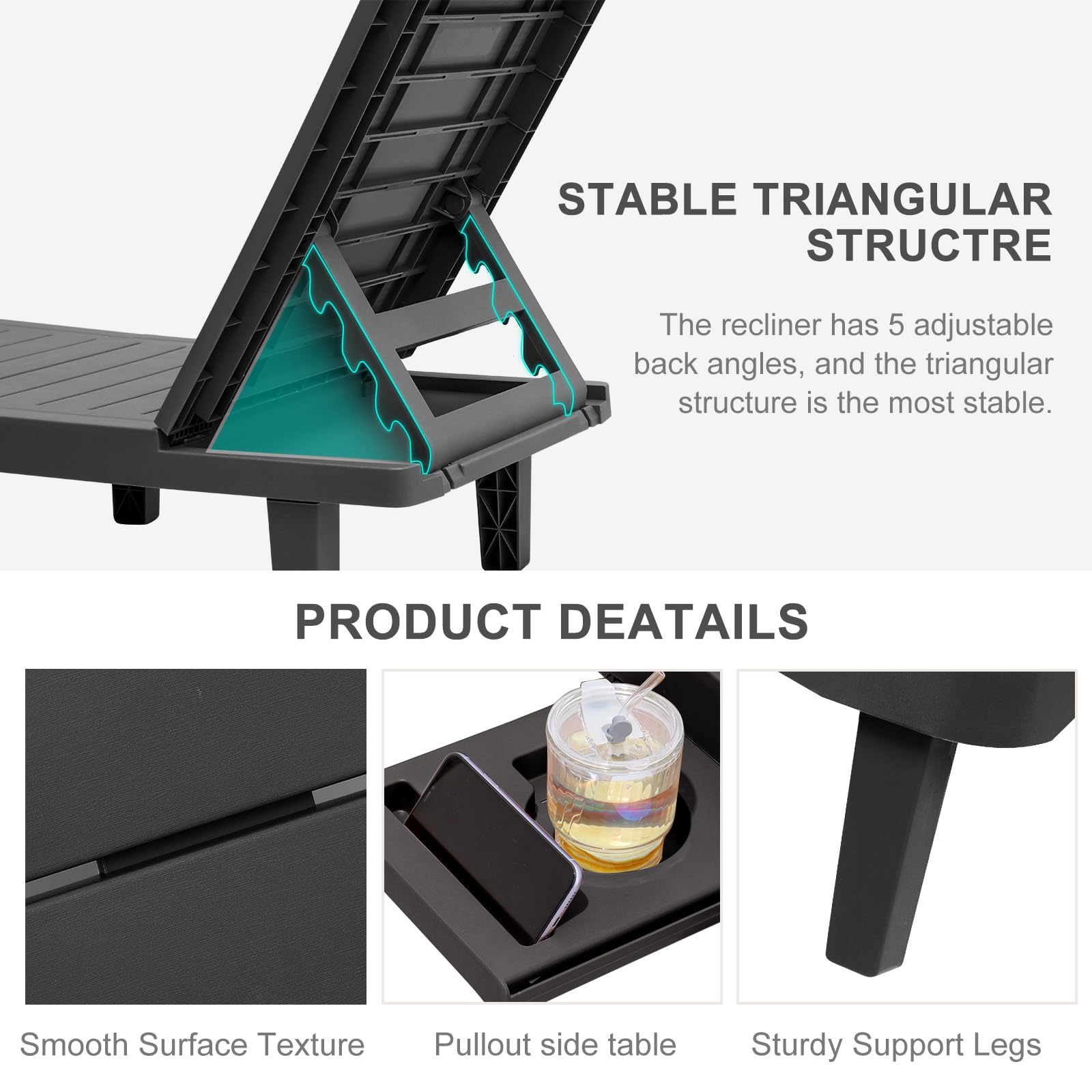 **Waterproof Resin Chaise Lounge Outdoor - Adjustable 5-Position Recliner Chair for Patio, Poolside, Beach & Yard - All-Weather Durable Black Lounge Chair (1PCS) - Perfect for Sunbathing, Relaxing & Outdoor Lounging**