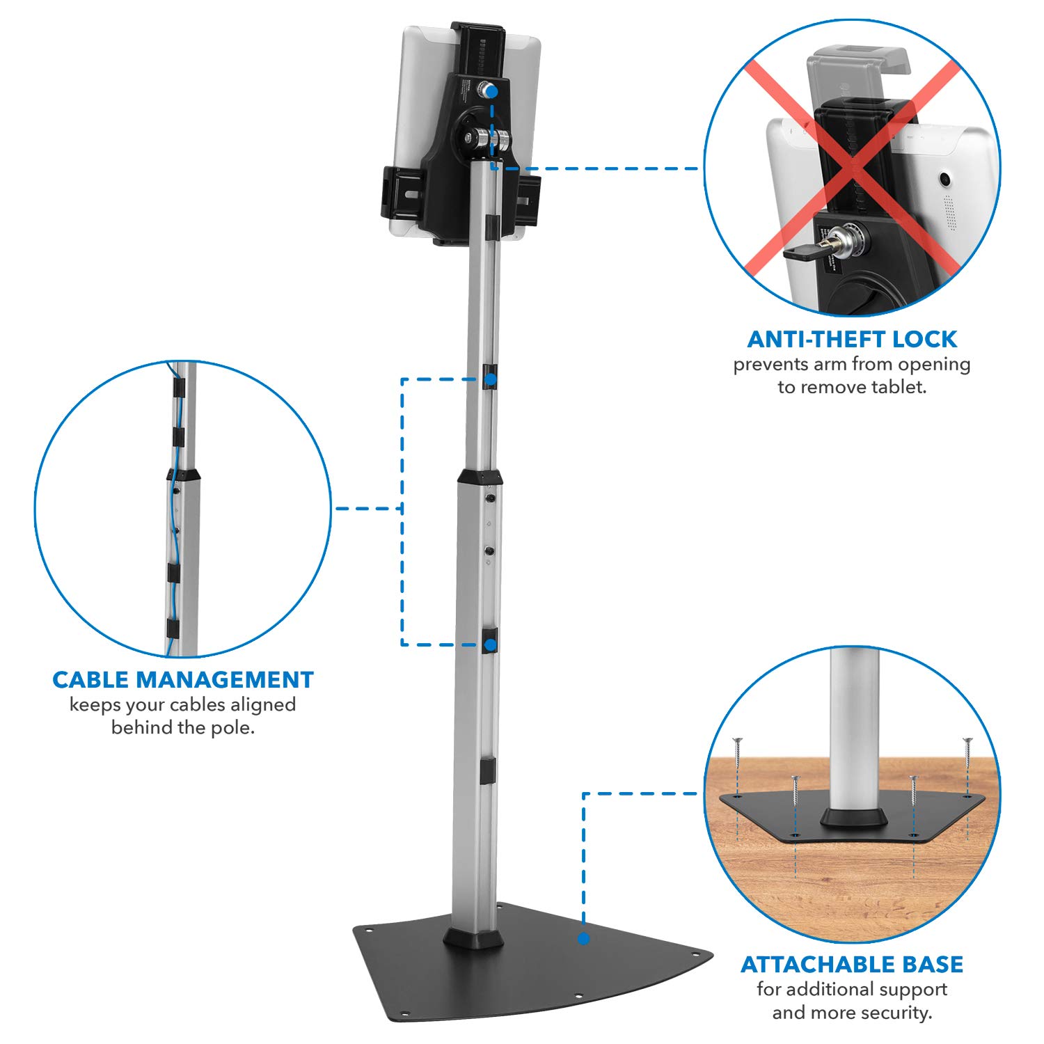Mount-It! Universal Anti-Theft Tablet Floor Stand - Adjustable Height Kiosk Stand with Locking Mount for iPad, Galaxy Tab, Surface Go & 7.9