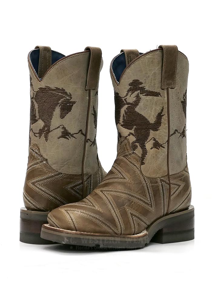 Roper 1446TA Kids Arlo Jr Embroidery Square Toe Cowboy Boots for Boys & Girls - Western Style Tan Leather Boots with Decorative Stitching - Perfect for Rodeo, Country Dance & Western Themed Events