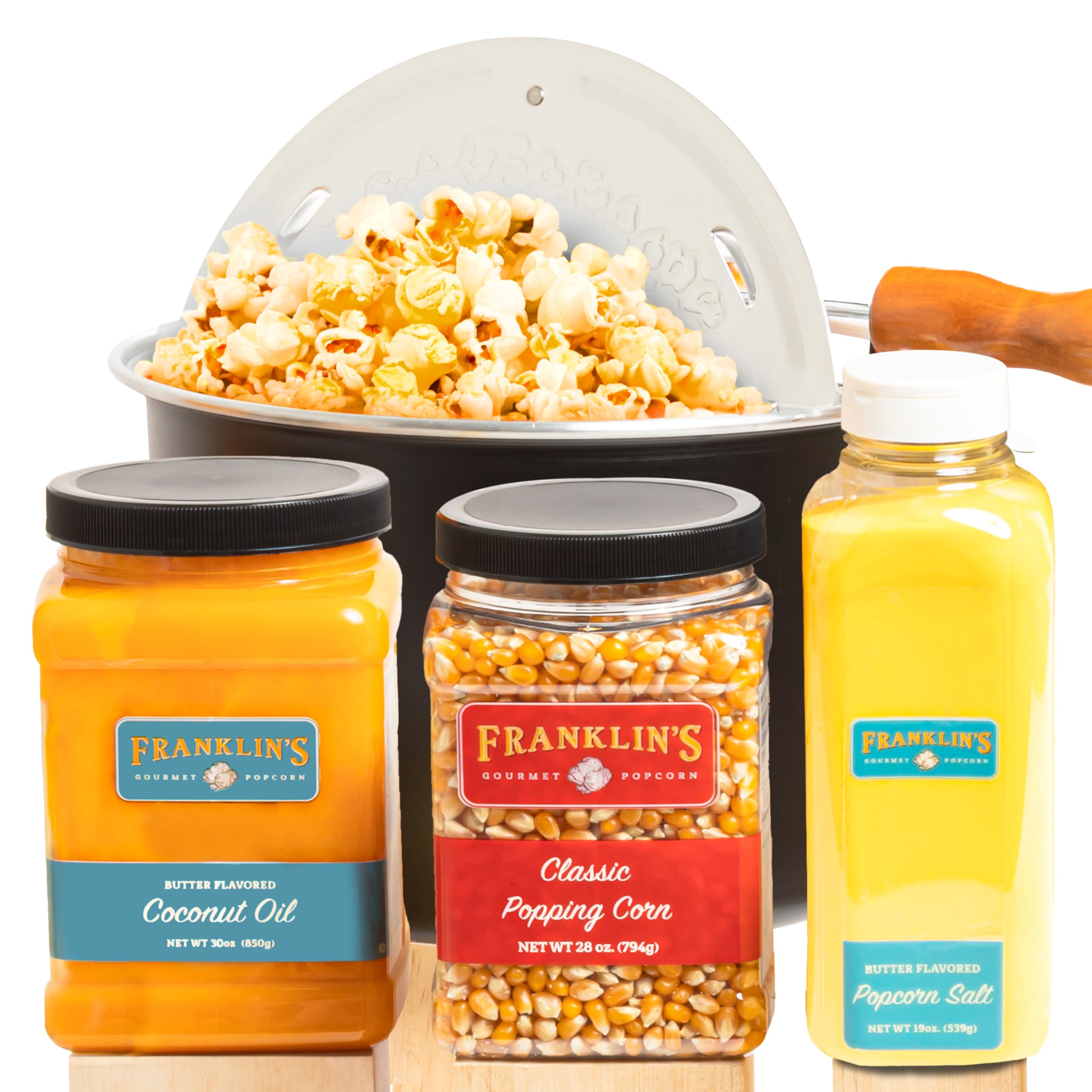 Franklin's Gourmet Popcorn Kit - Stovepop Popcorn Maker with 28oz Classic Kernels, 19oz Butter Salt & 30oz Coconut Oil - Perfect for Movie Nights, Parties & Family Snacking