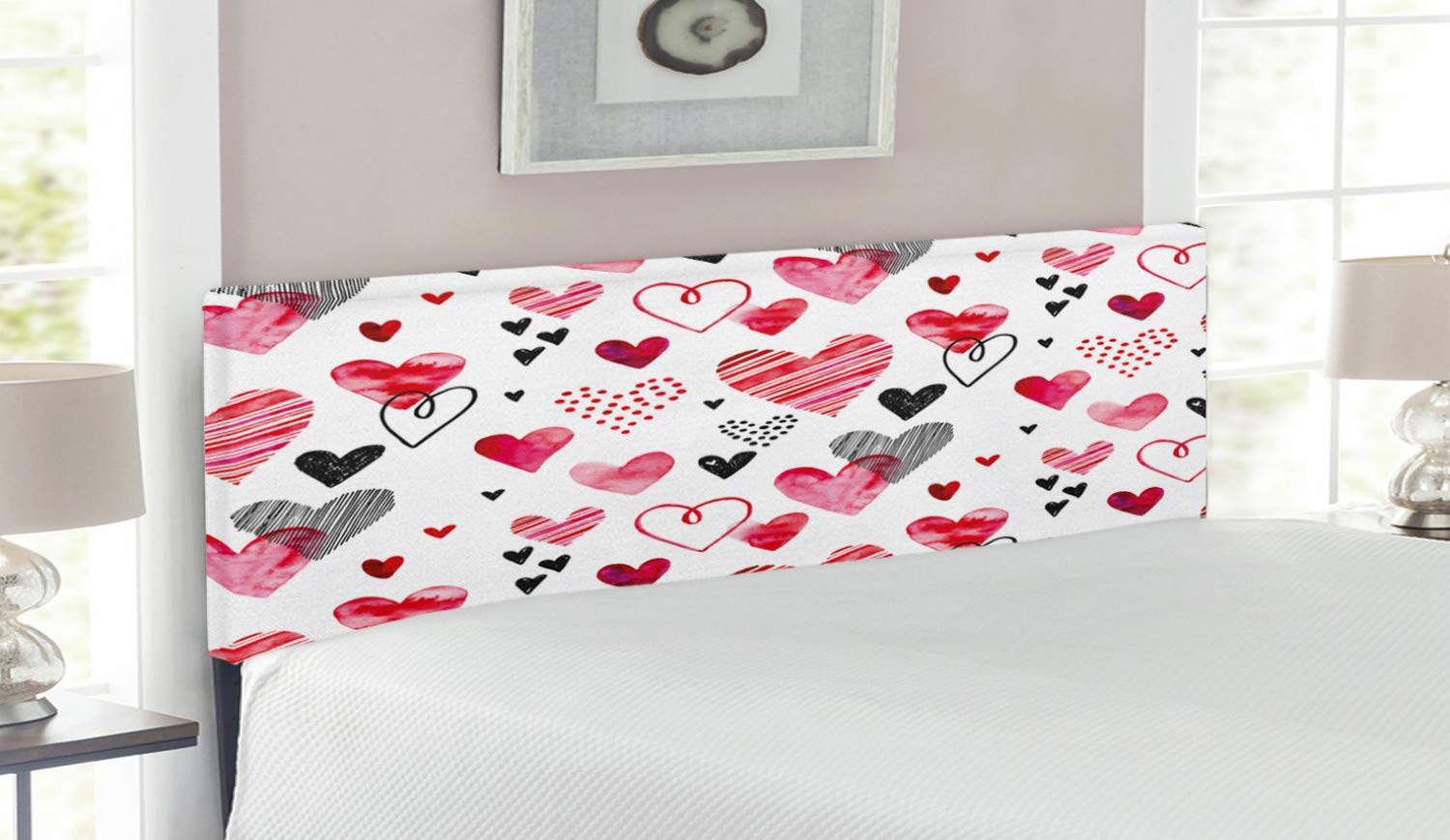Ambesonne Valentine Headboard - Romantic Watercolor Heart Design, Upholstered Metal Bed Frame with Memory Foam, Queen Size in Pink, Black & White | Perfect for Bedroom Decor, Couples Gift & Valentine's Day