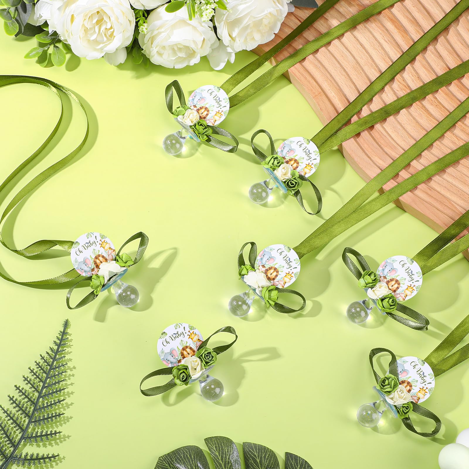Quelay 60 Pcs Baby Shower Pacifier Necklace Set - Cute Jungle Animal Acrylic Pacifiers with Floral Designs for Baby Shower Decorations, Party Favors & Table Centerpieces - Perfect for Baby Showers, Gender Reveals & Newborn Celebrations