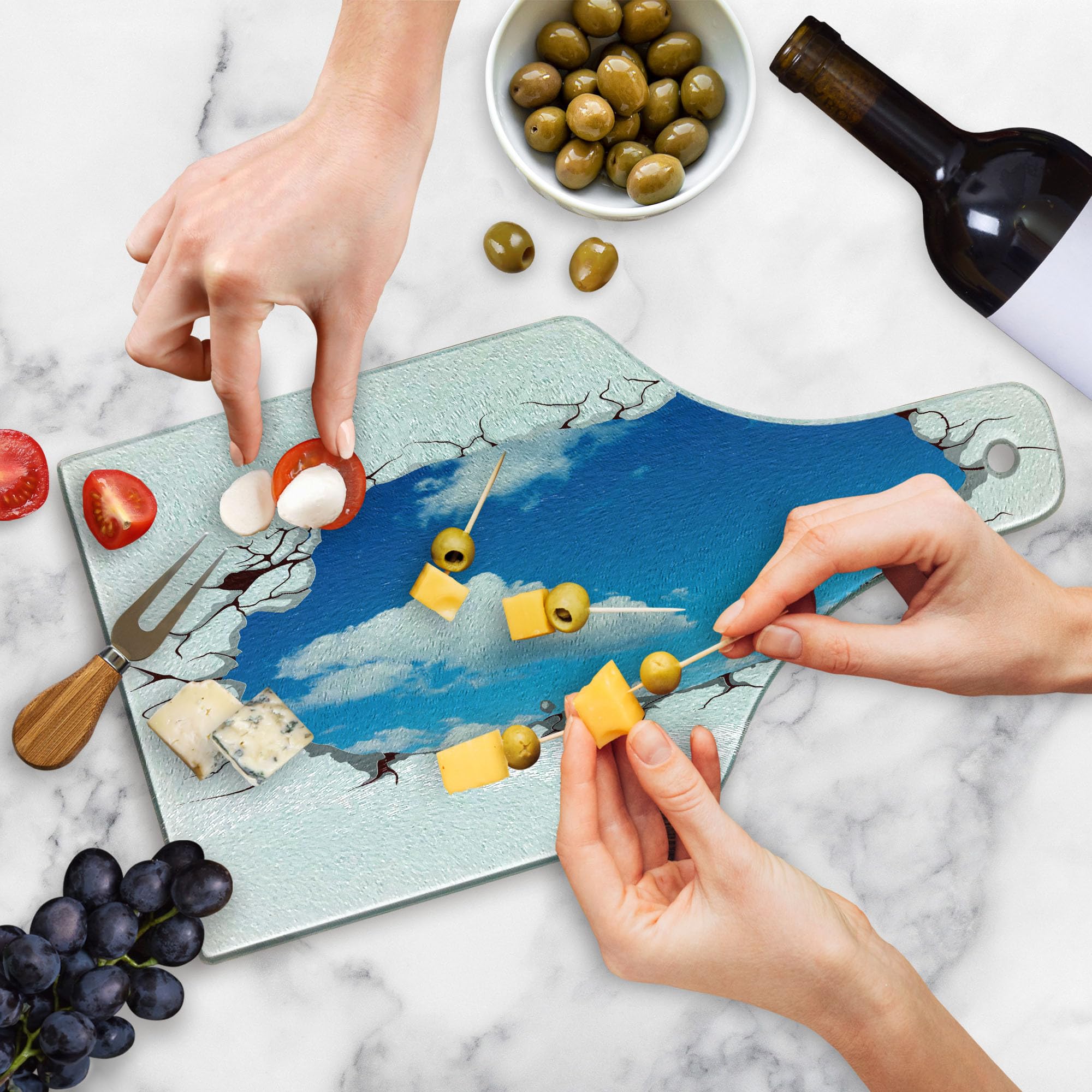 Ambesonne Sky Cutting Board - Summer Sky with Fluffy Clouds, Cracked Look Modern Art Design - Tempered Glass Serving Board for Cheese, Charcuterie & Wine - White & Blue Decorative Kitchen Accessory - Perfect for Entertaining, Gifts & Home Decor