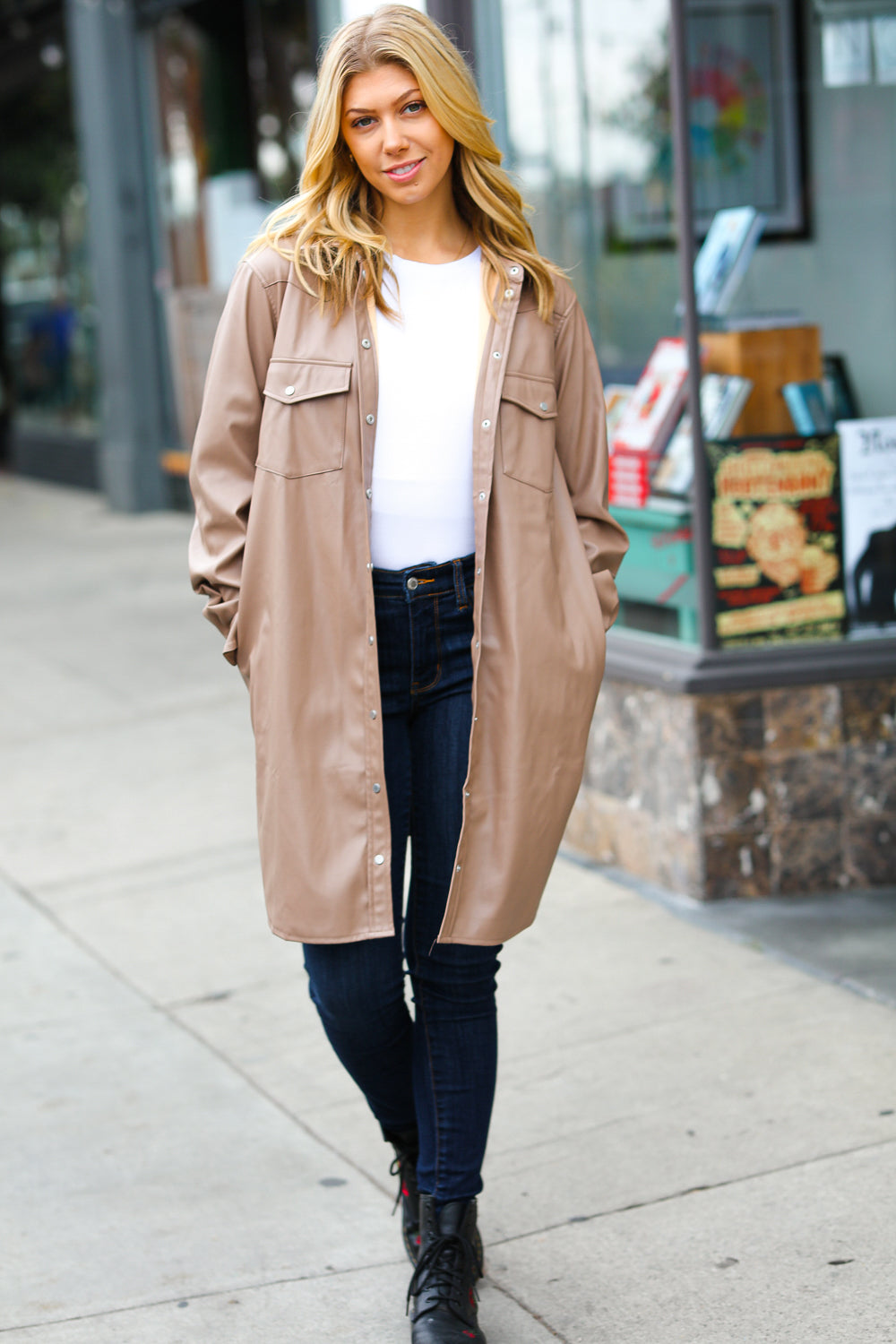 Dark Beige Vegan Leather Snap Button Shirt Jacket for Women - Stylish Casual Outerwear for Fall & Spring | Perfect for Office, Dating & Outdoor Activities