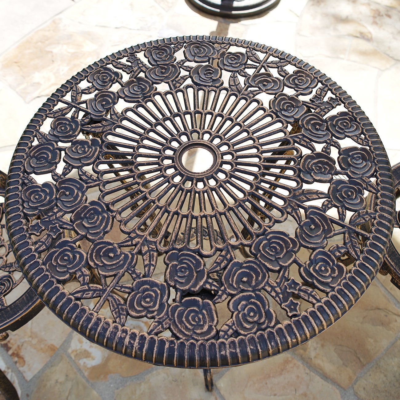 Vintage Rose Pattern 3-Piece Outdoor Bistro Set - Cast Iron & Aluminum Patio Furniture with Antique Bronze Finish | Perfect for Garden, Balcony, and Backyard Dining