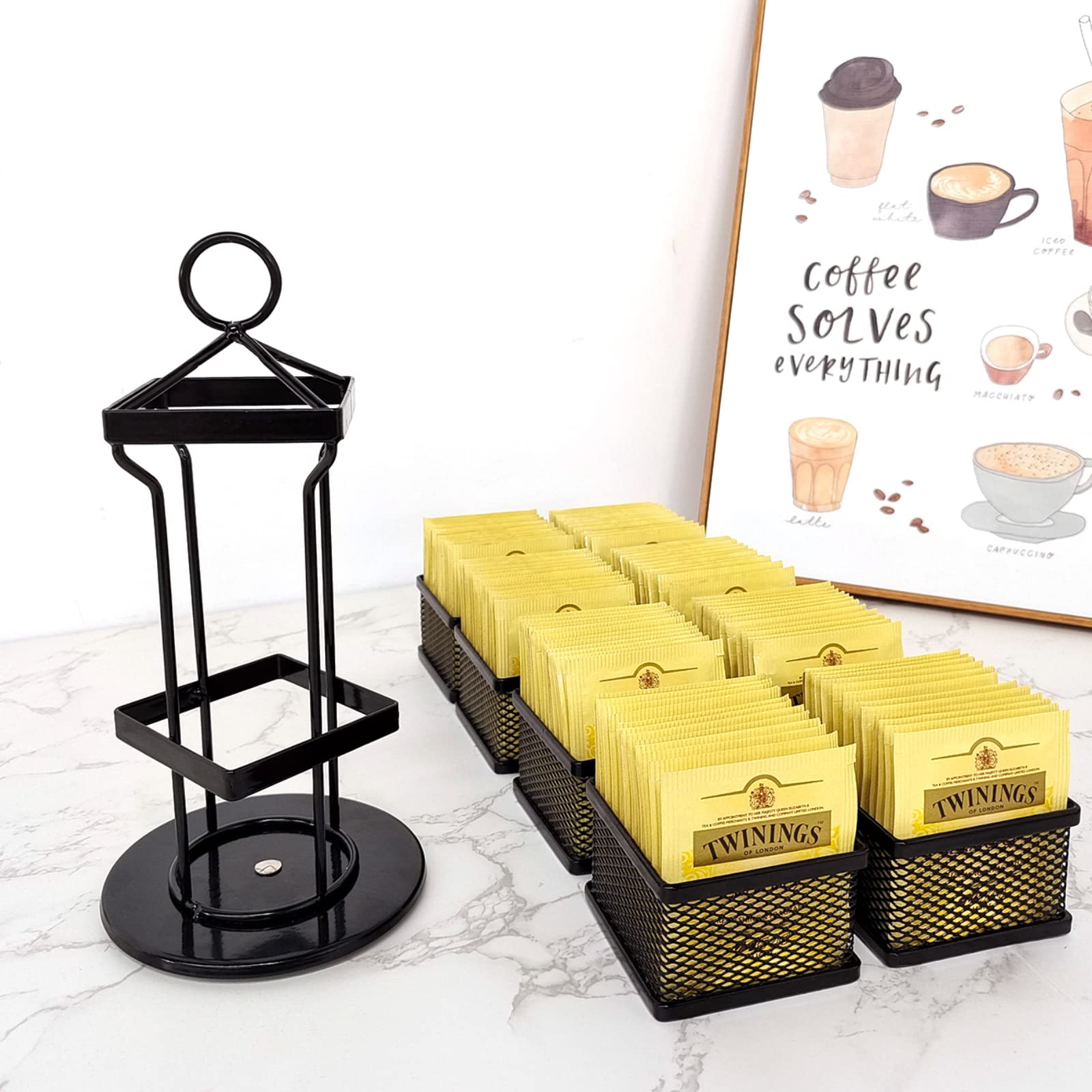 Rotating Tea Bag Organizer & Coffee Pod Holder - Adjustable Spinning Carousel Storage Basket for Kitchen Countertop, Cabinet, Pantry | Perfect for Organizing Tea Bags, K-Cups, and Coffee Pods in Small Spaces