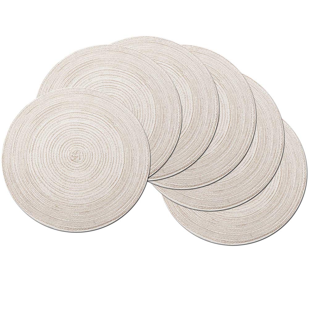 ASFQF Round Cotton Placemats Set of 6 - 15 Inch Washable Table Mats for Kitchen, Dining Room & Parties - White Home Decor