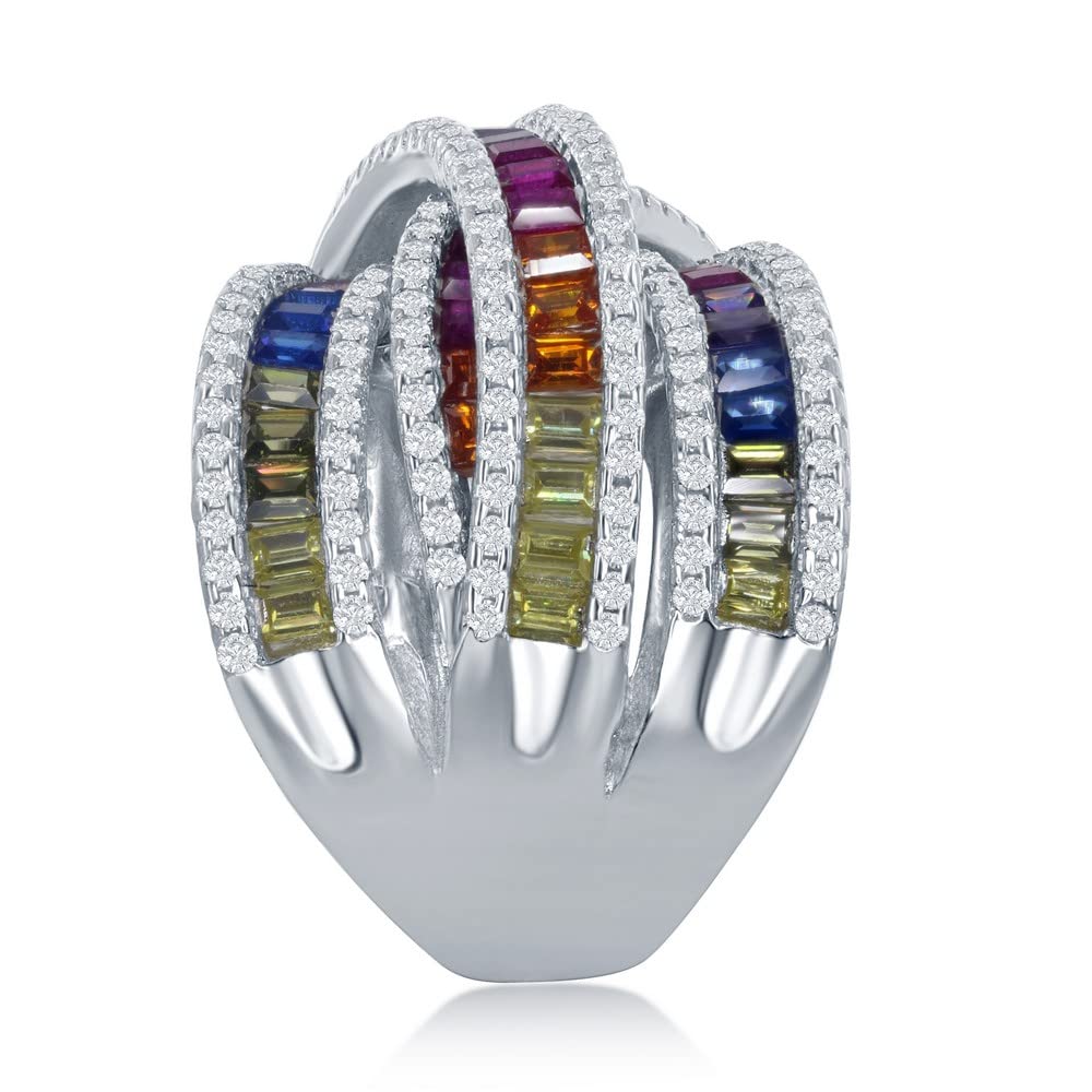 Sterling Silver Rainbow Multicolor Baguette & Clear Round Cubic Zirconia Double X Band Ring for Women - Elegant Stackable Jewelry for Weddings, Parties & Everyday Wear